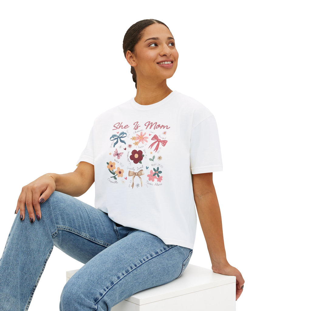 She Is Mom Floral Boxy Tee  Cute Mother’s Day Floral Graphic Shirt