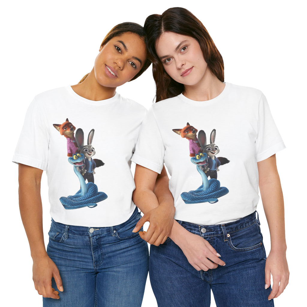 Animated Character Tee — Cute Fox & Bunny Stack Graphic T-Shirt  cartoon-style Christmas artwork
