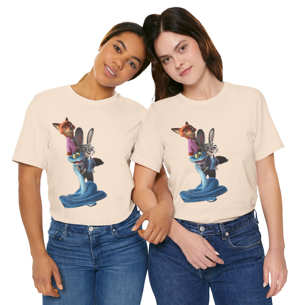 Animated Character Tee — Cute Fox & Bunny Stack Graphic T-Shirt  cartoon-style Christmas artwork