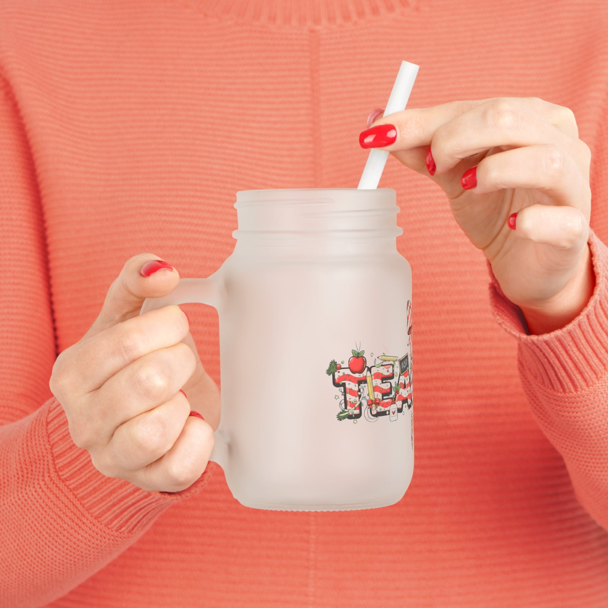 A festive Christmas Jar Tumbler for teachers who inspire hearts and minds all year long Cute Apple & Chalkboard School Design with Straw