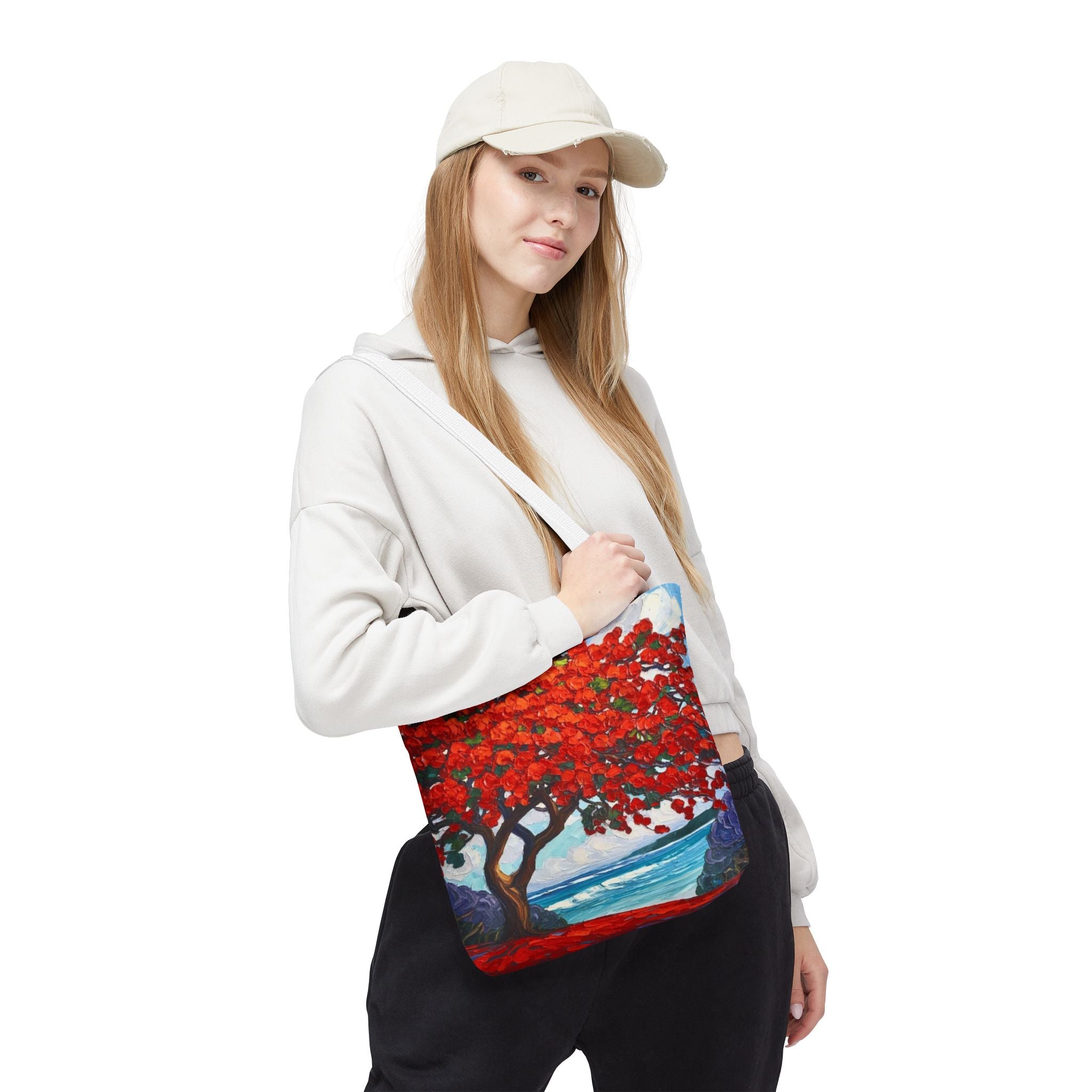 Red Blossom Beach Tote - Tropical Tree Art All-Over Print Tote Bag Crochet-Decorated Tote Bags