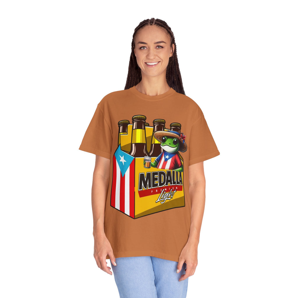 Medalla Light Puerto Rican Beer T-Shirt Coqui Frog Mascot Six-Pack Graphic Tee Puerto Rico’s Navidades