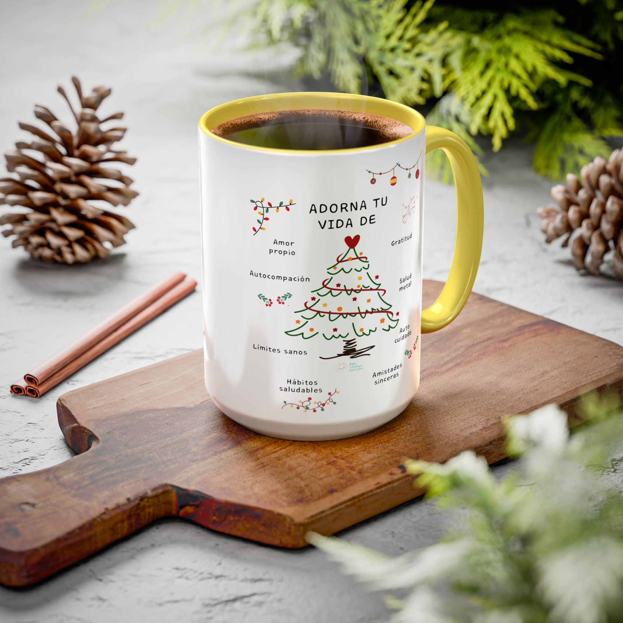 Mug — 'Adorna Tu Vida' Christmas Tree Spanish Holiday Coffee Mug (11oz/15oz)