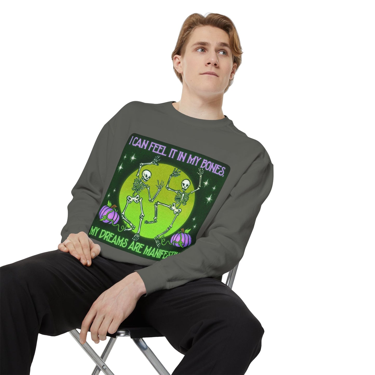Spooky Manifesting Sweatshirt, Unisex Skeleton Pullover, Halloween Apparel, Cozy Fall Fashion, Casual Trendy Top, Unique Gift