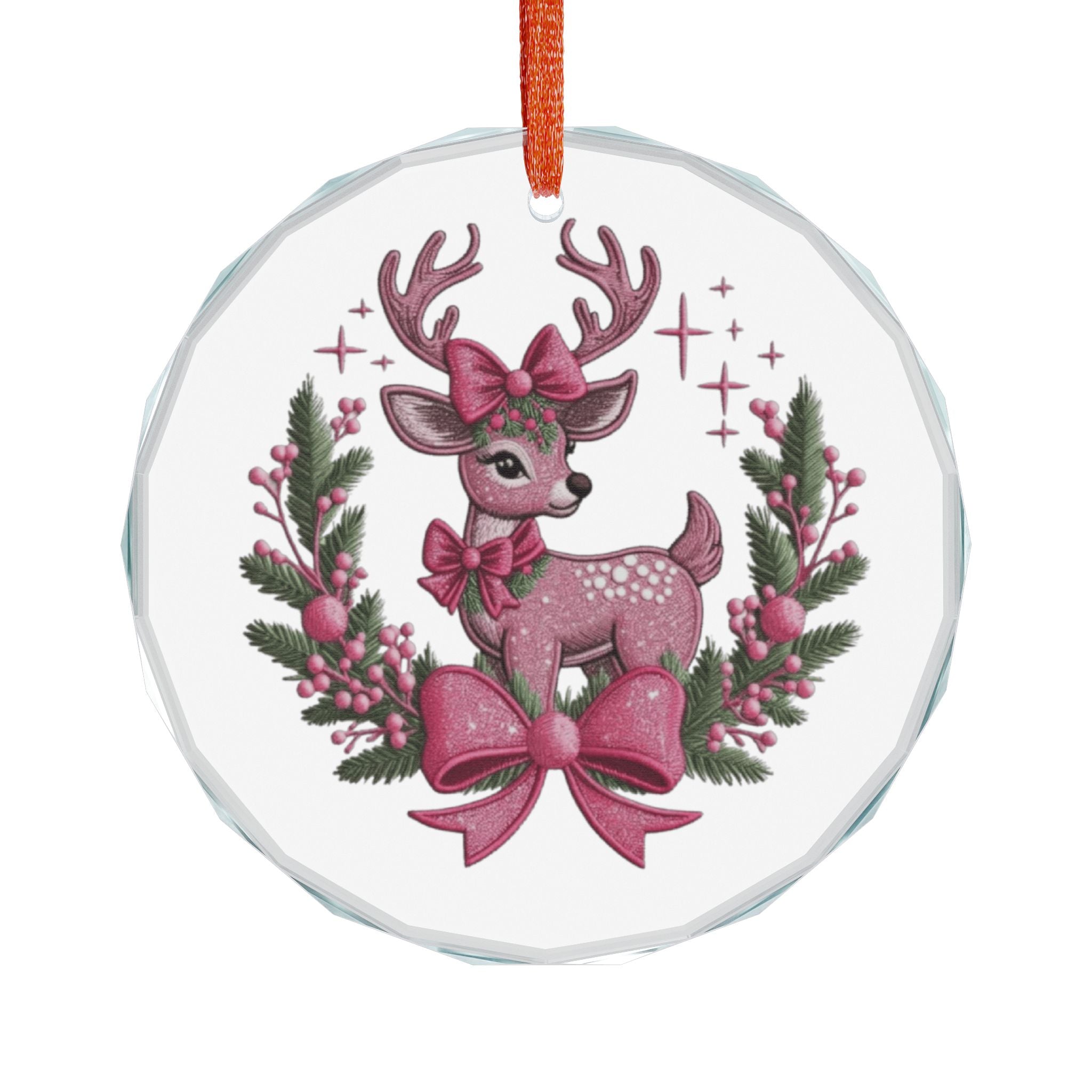 Crystal Heart Ornament — Pink Reindeer with Bows Christmas Decoration