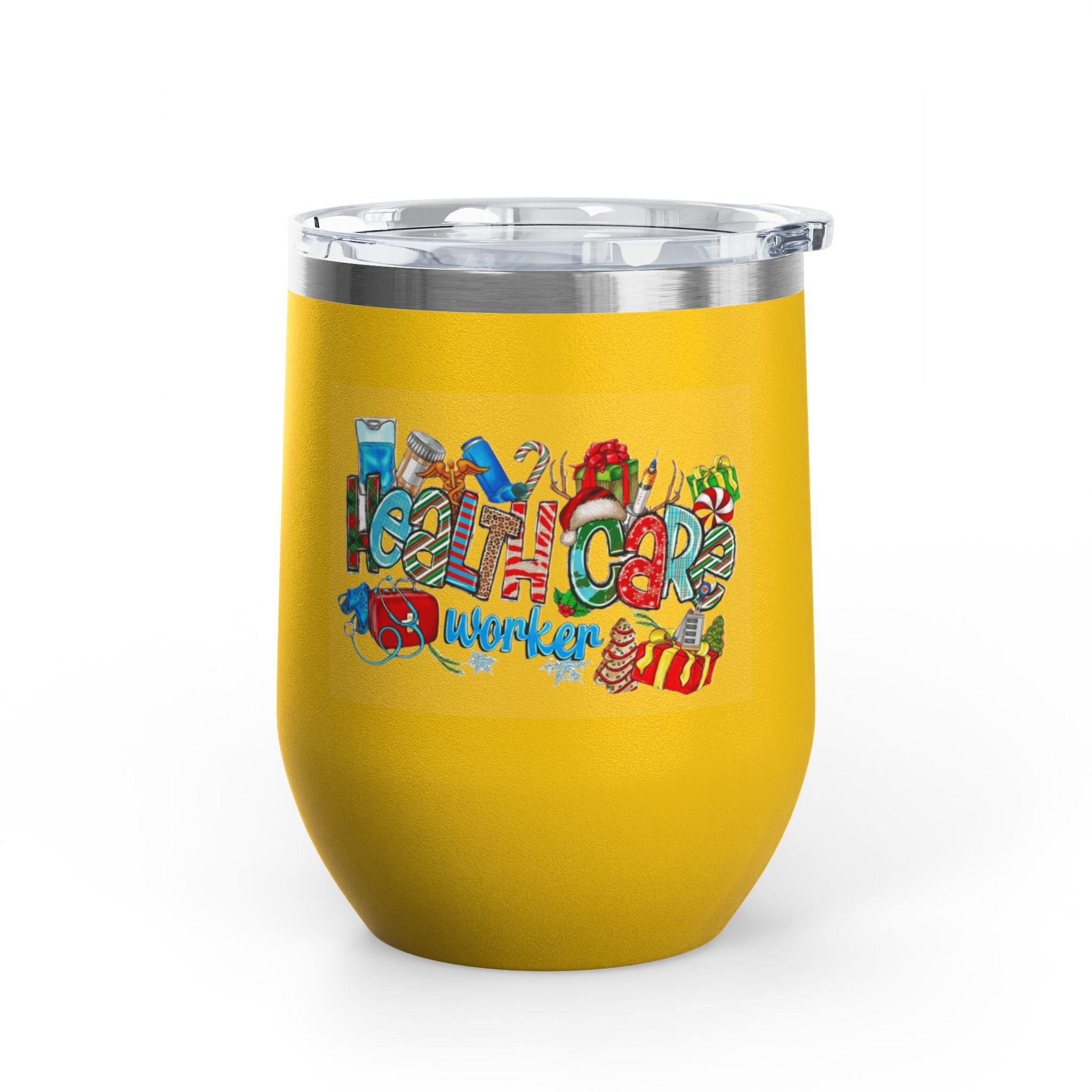 Healthcare Worker 12oz Wine Tumbler — Colorful Holiday Medical Staff Gift Medical Christmas Mug