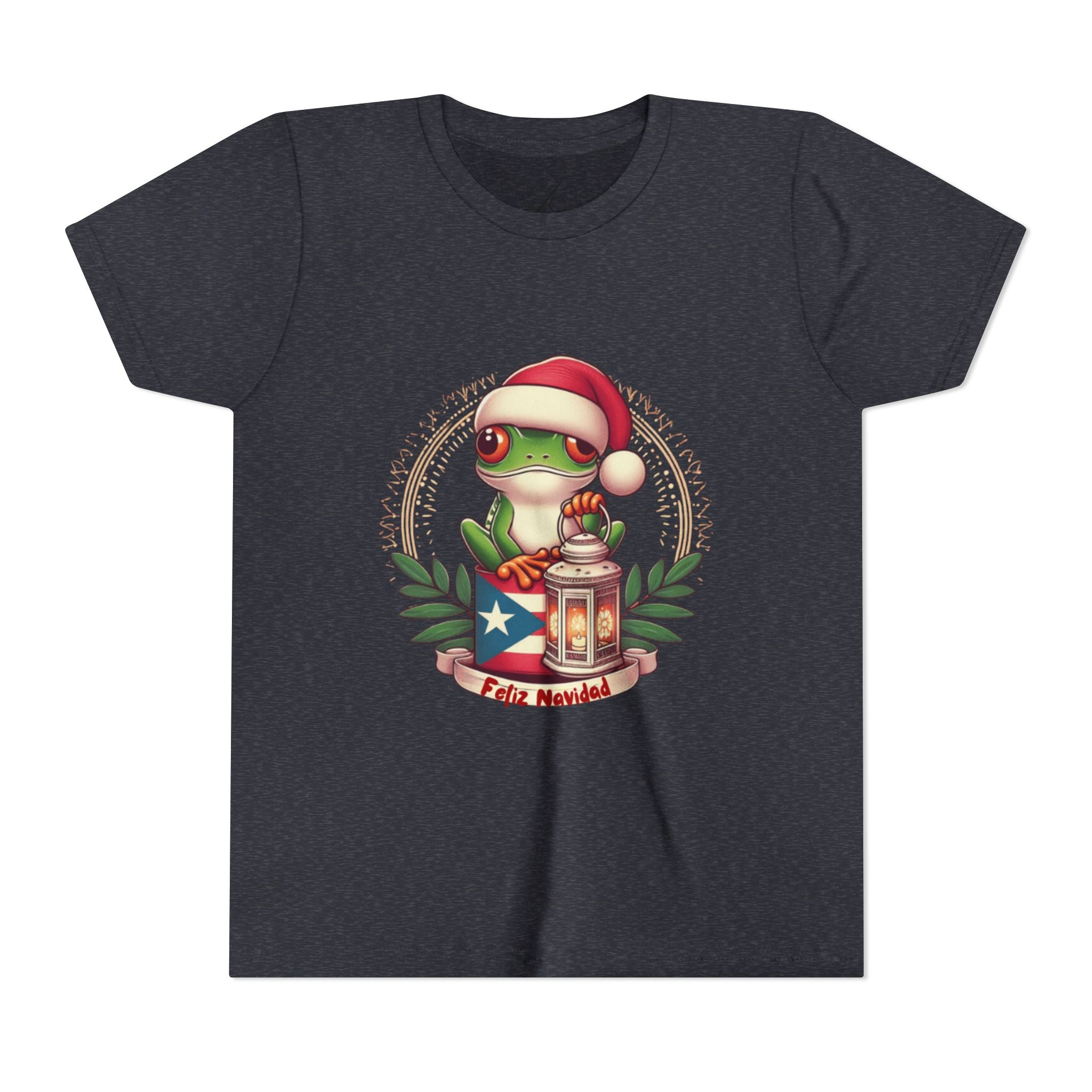 Kids Tee Cute Frog with Puerto Rican Flag & Lantern (Feliz Navidad)