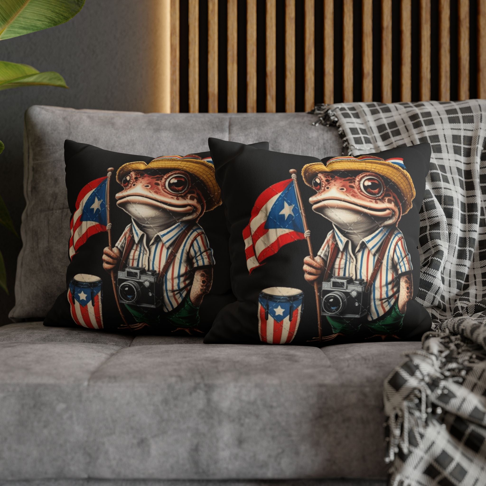 Puerto Rican Flag Frog Faux Suede Pillowcase  Tourist Toad Camera Design Puerto Rico Culture Pillow