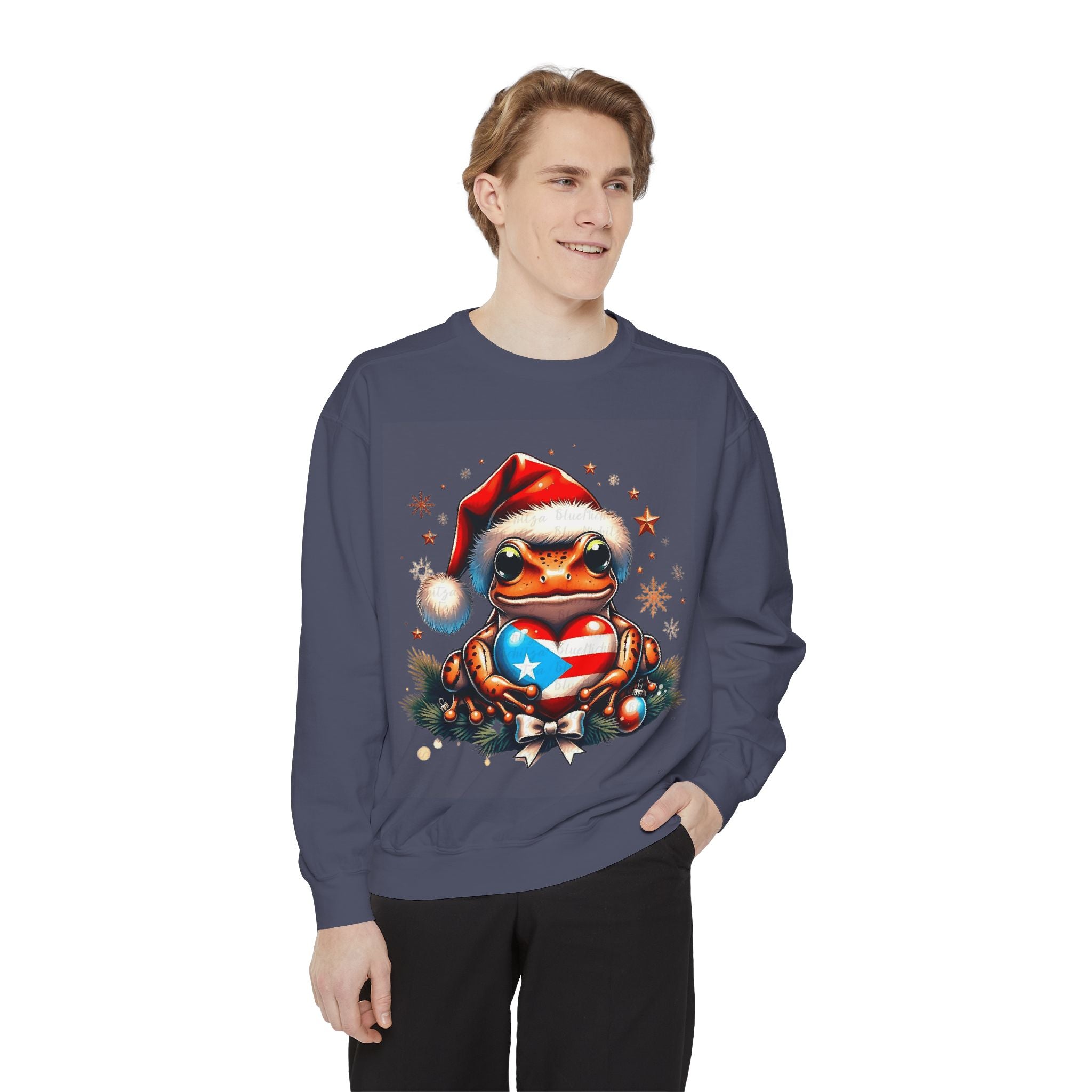 Christmas Coqui Sweatshirt — Cute Santa Frog Holding Ornament Holiday Sweater