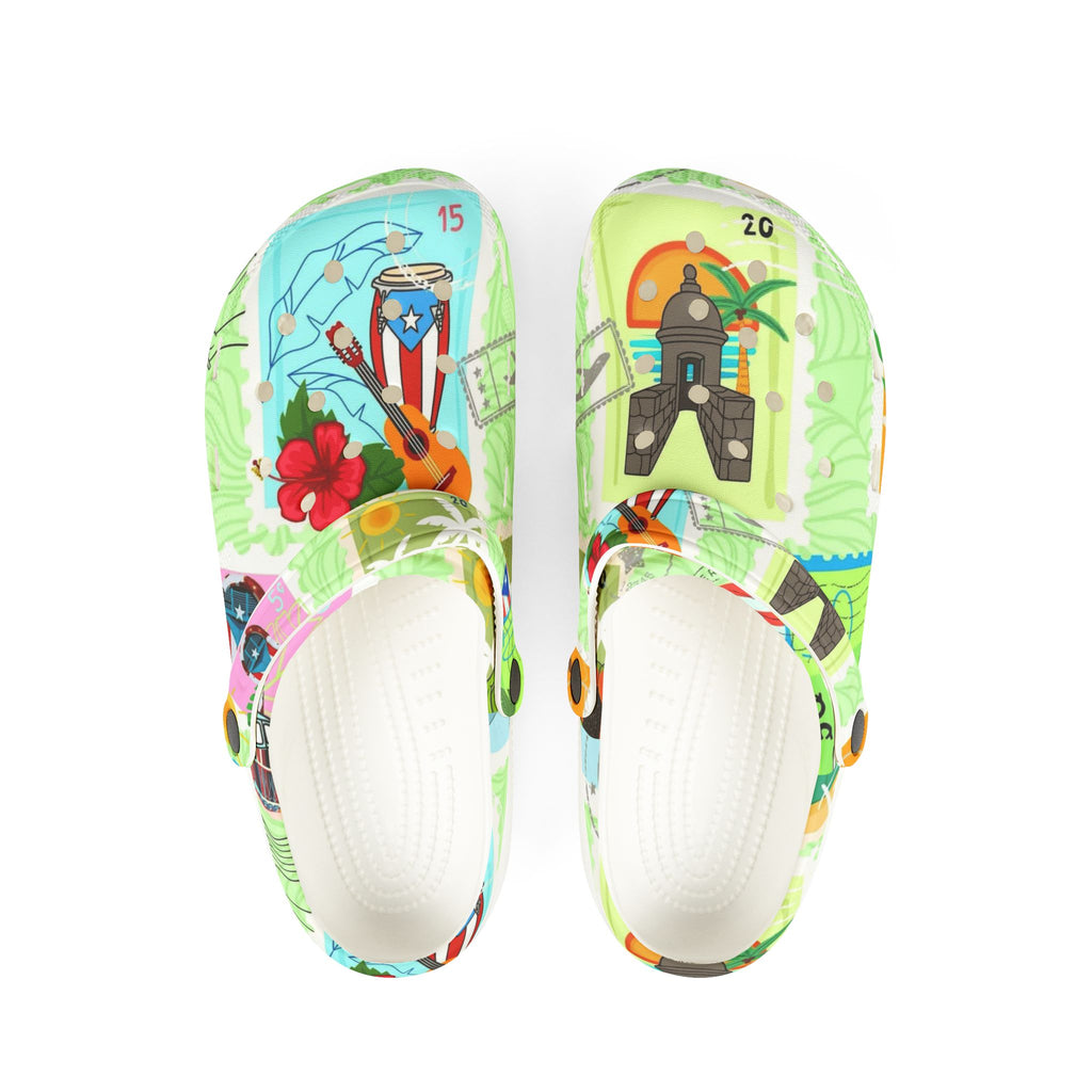 Puerto Rico Tropical Map EVA Foam Clogs — 'Puerto Rico Proud' Colorful Island Print