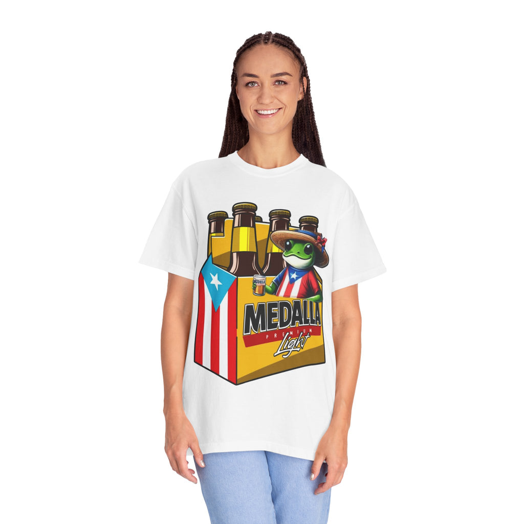 Medalla Light Puerto Rican Beer T-Shirt Coqui Frog Mascot Six-Pack Graphic Tee Puerto Rico’s Navidades