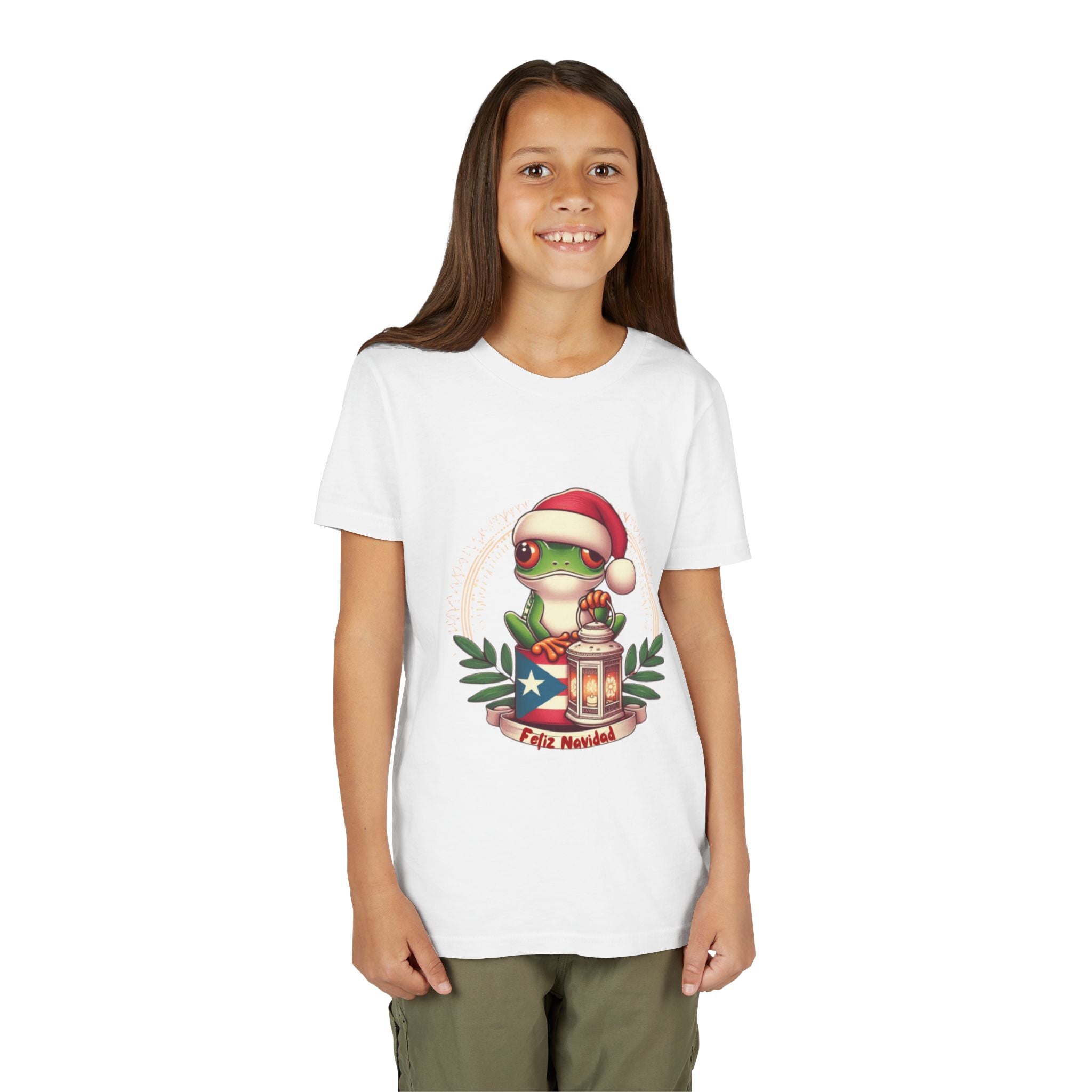 Kids Tee Cute Frog with Puerto Rican Flag & Lantern (Feliz Navidad)