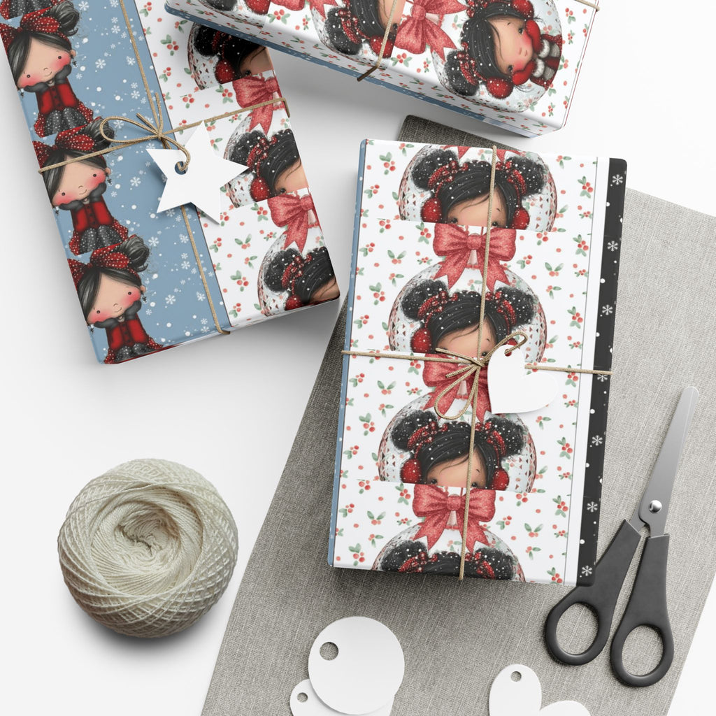 Festive Wrapping Paper Gift Wrap Papers - Cute Holiday Girl Patterned Wrapping Paper Rolls (Snow, Red Bows)