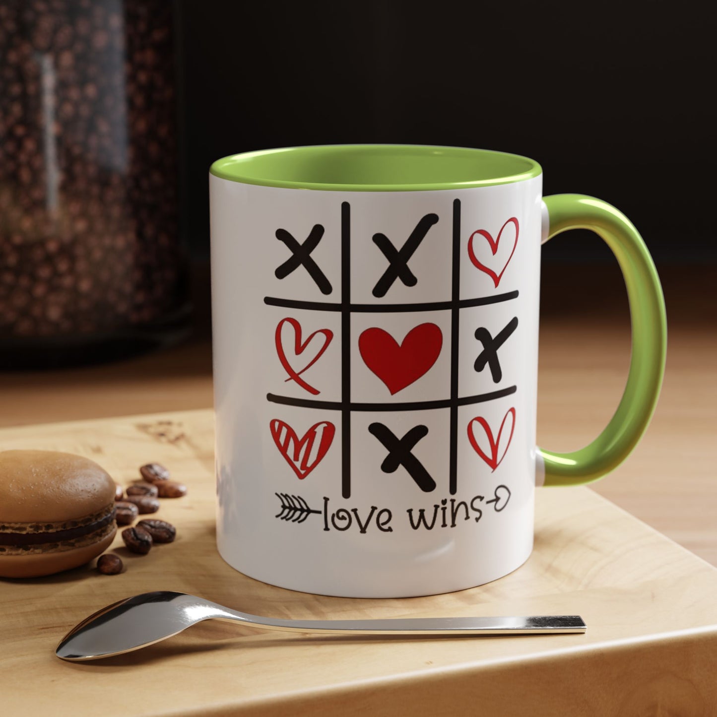 Love Wins Tic-Tac-Toe Heart Accent Coffee Mug — Romantic Valentine 11/15oz