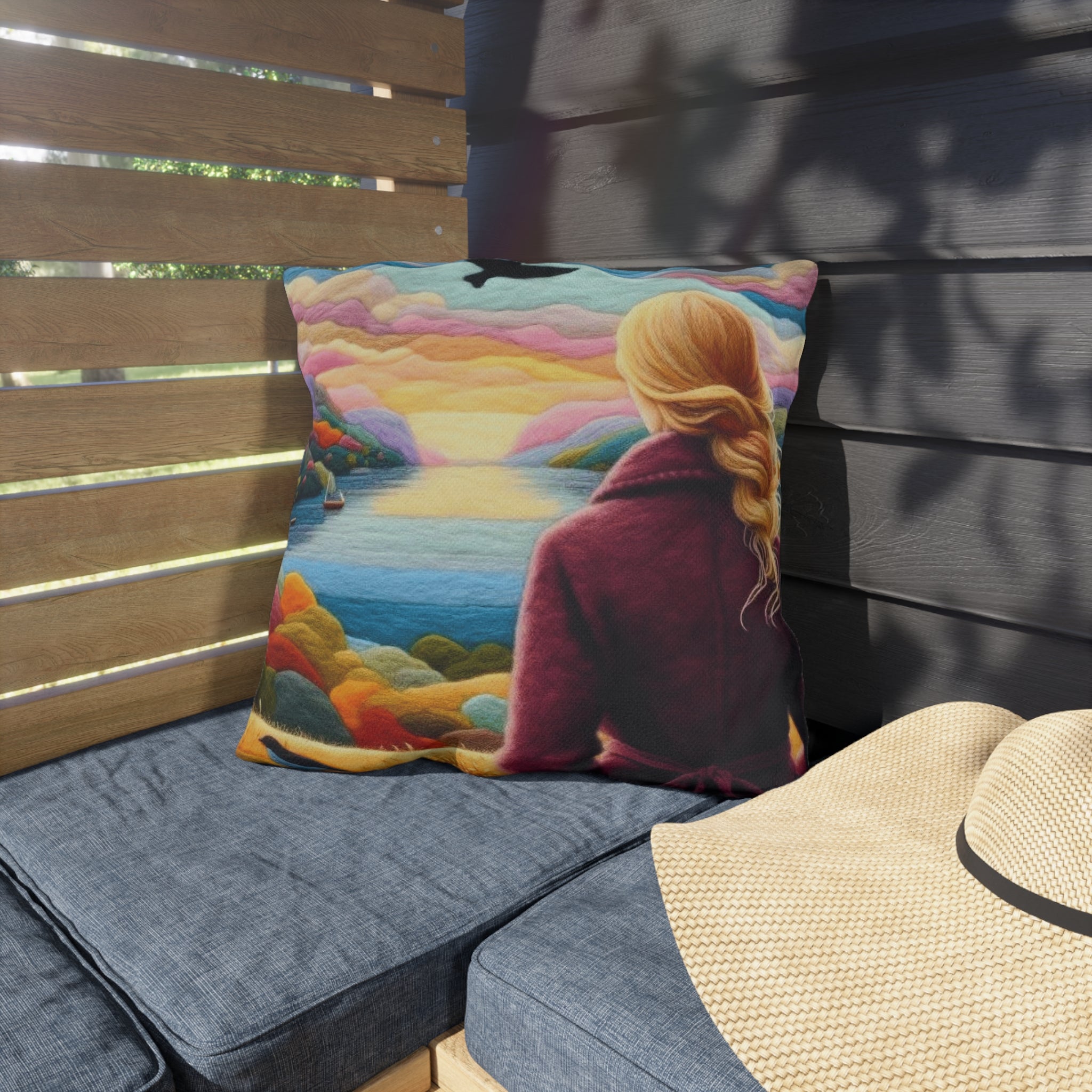 Scenic Lakeview Outdoor Pillow — Woman Overlooking Colorful Sunset Landscape