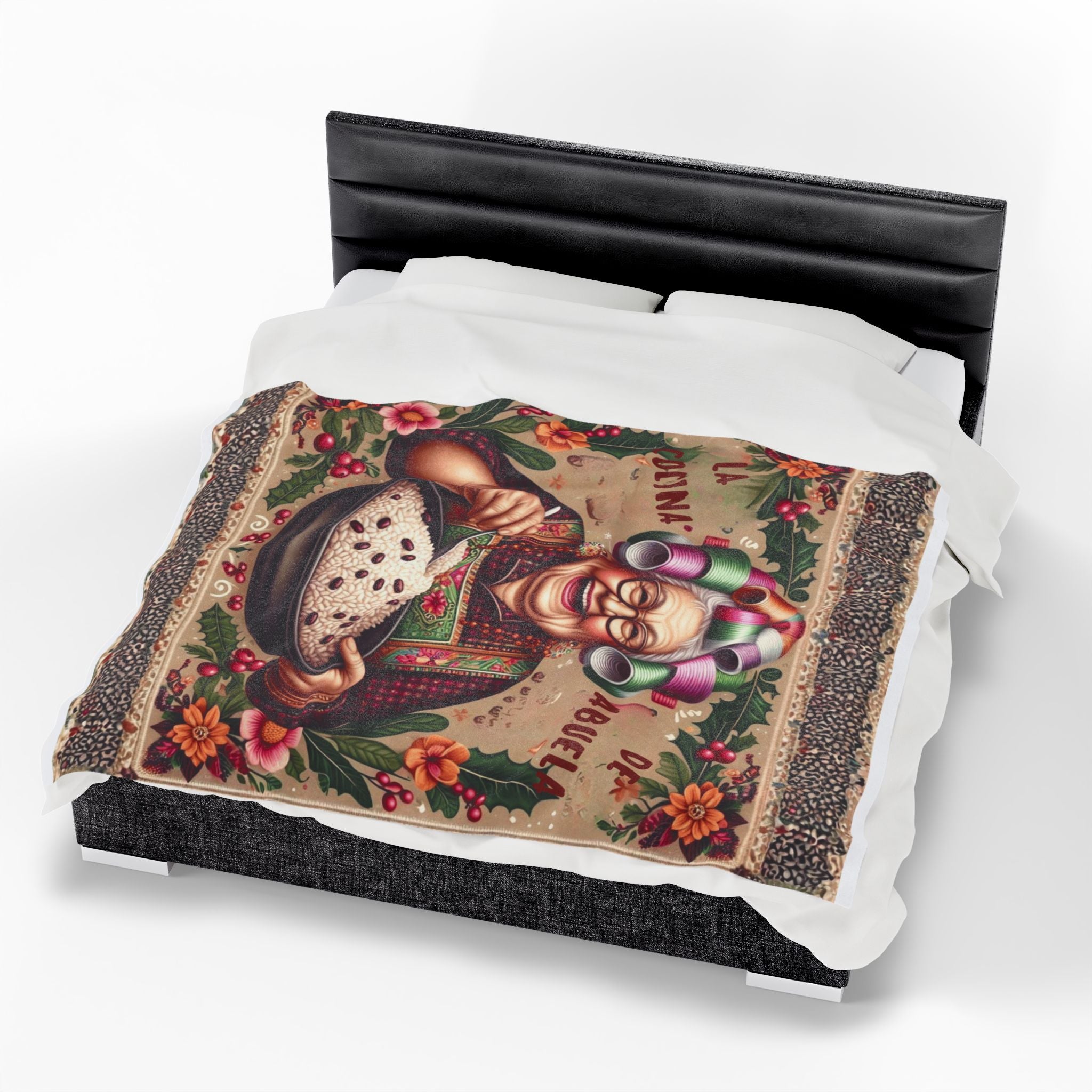 Grandma’s Cocina Velveteen Plush Blanket —Abuela Cooking Illustration Throw