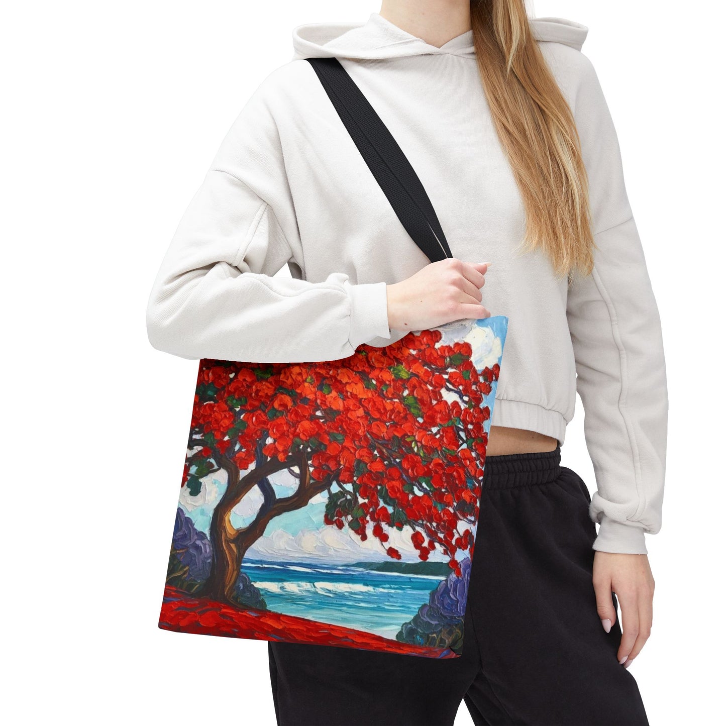 Red Blossom Beach Tote - Tropical Tree Art All-Over Print Tote Bag Crochet-Decorated Tote Bags