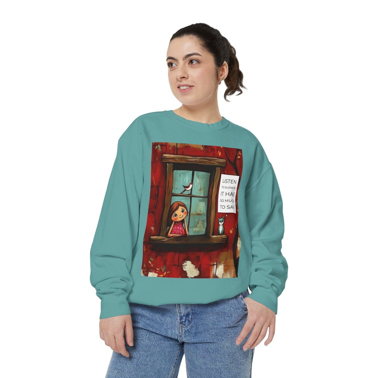 Cozy Window Scene Sweatshirt  "Listen, It Has So Much to Say" Graphic