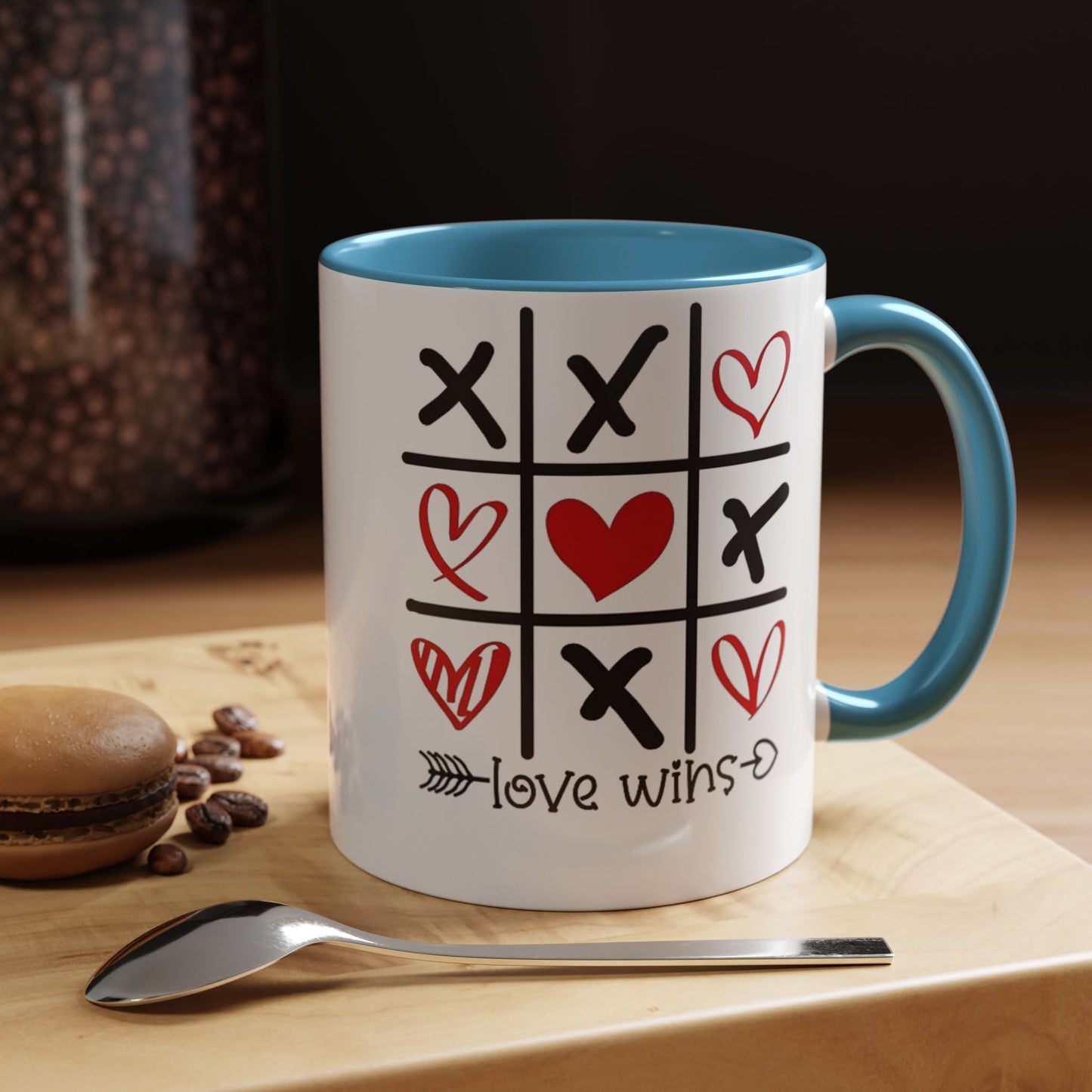 Love Wins Tic-Tac-Toe Heart Accent Coffee Mug — Romantic Valentine 11/15oz