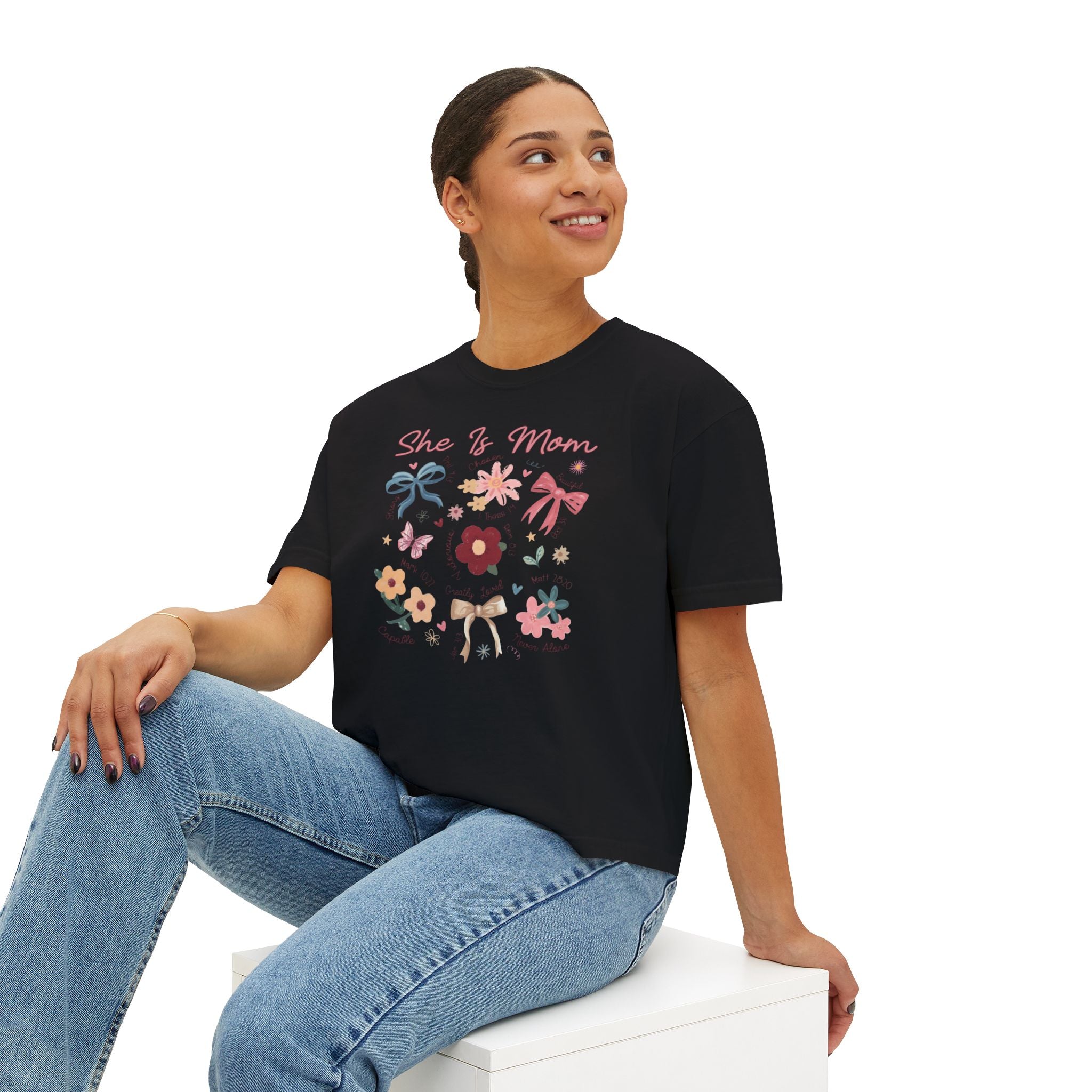 She Is Mom Floral Boxy Tee  Cute Mother’s Day Floral Graphic Shirt