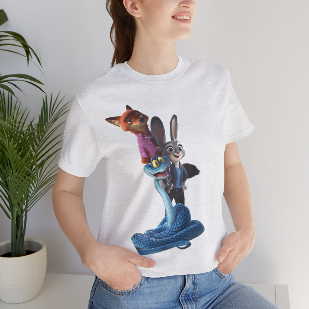 Animated Character Tee — Cute Fox & Bunny Stack Graphic T-Shirt  cartoon-style Christmas artwork