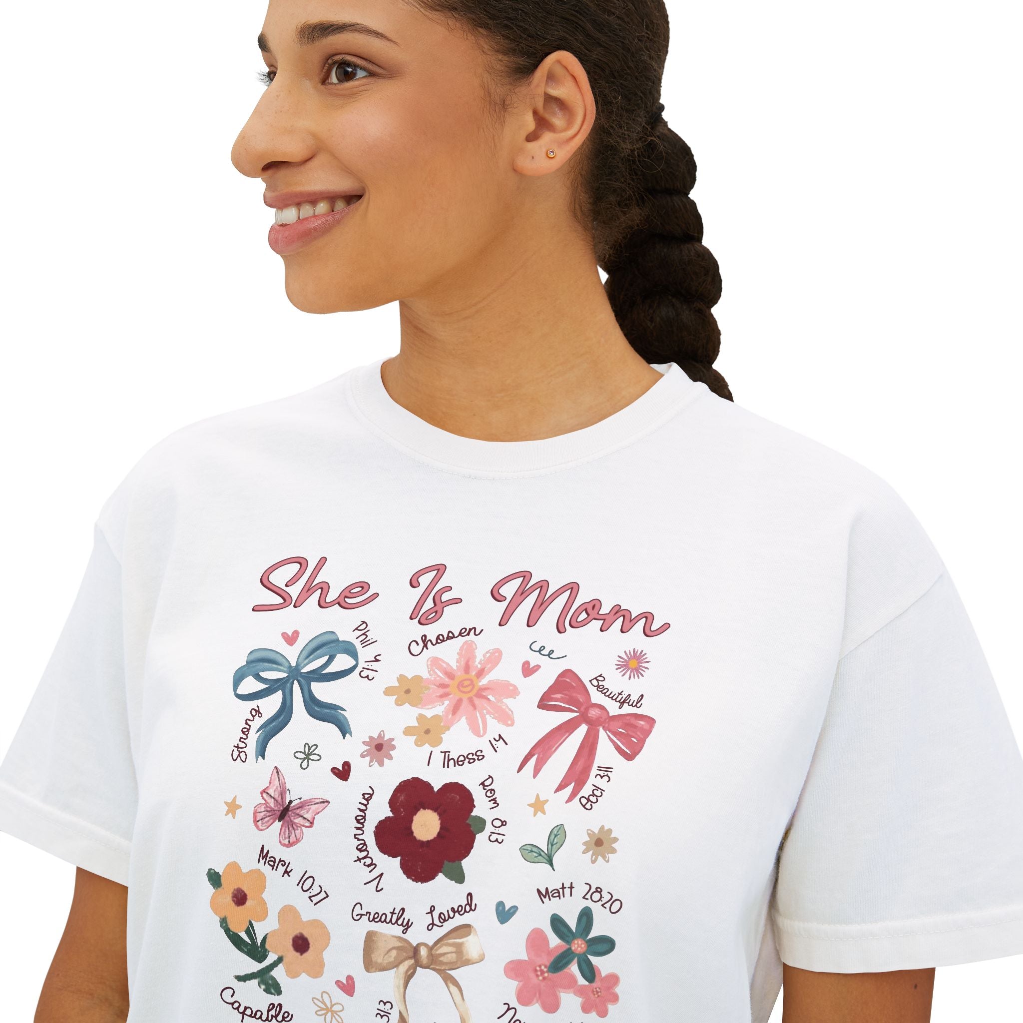 She Is Mom Floral Boxy Tee  Cute Mother’s Day Floral Graphic Shirt