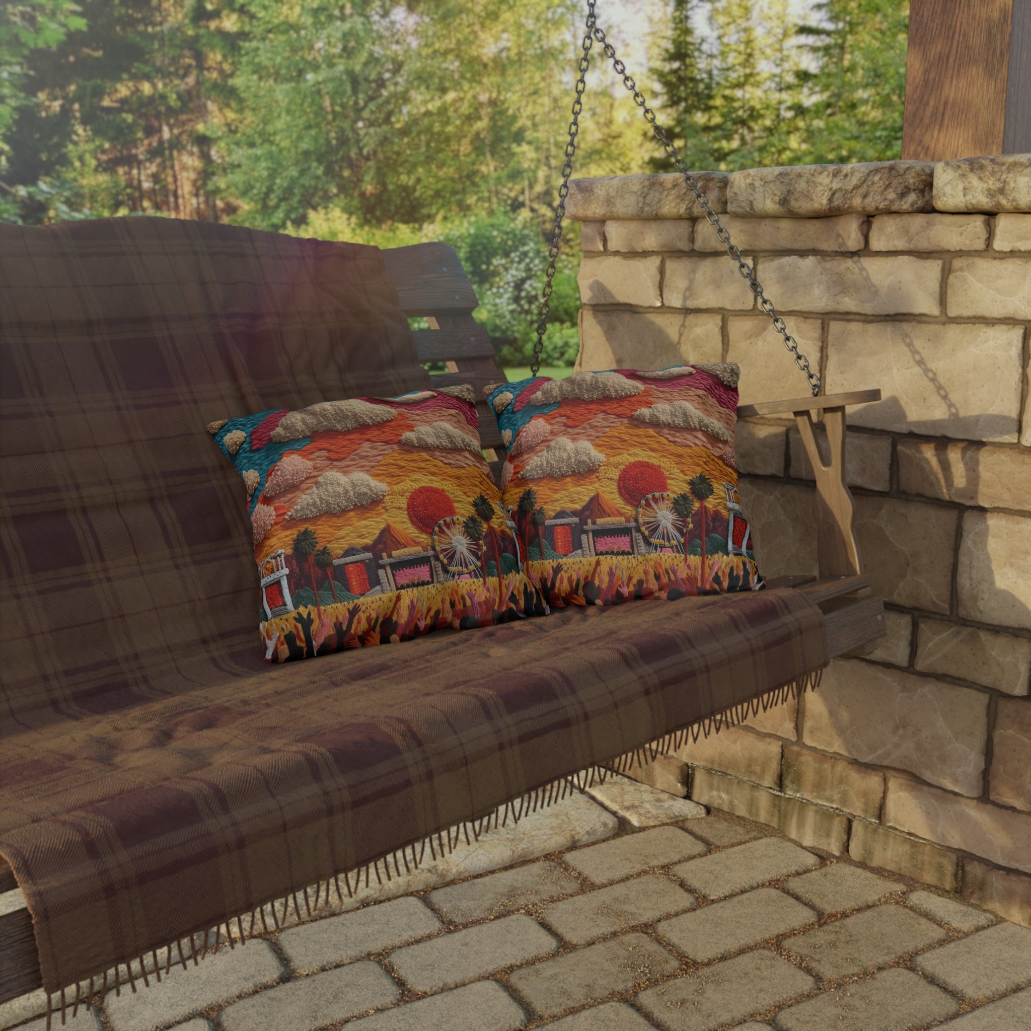Retro Festival Outdoor Pillow — Sunset Carnival Embroidered Design