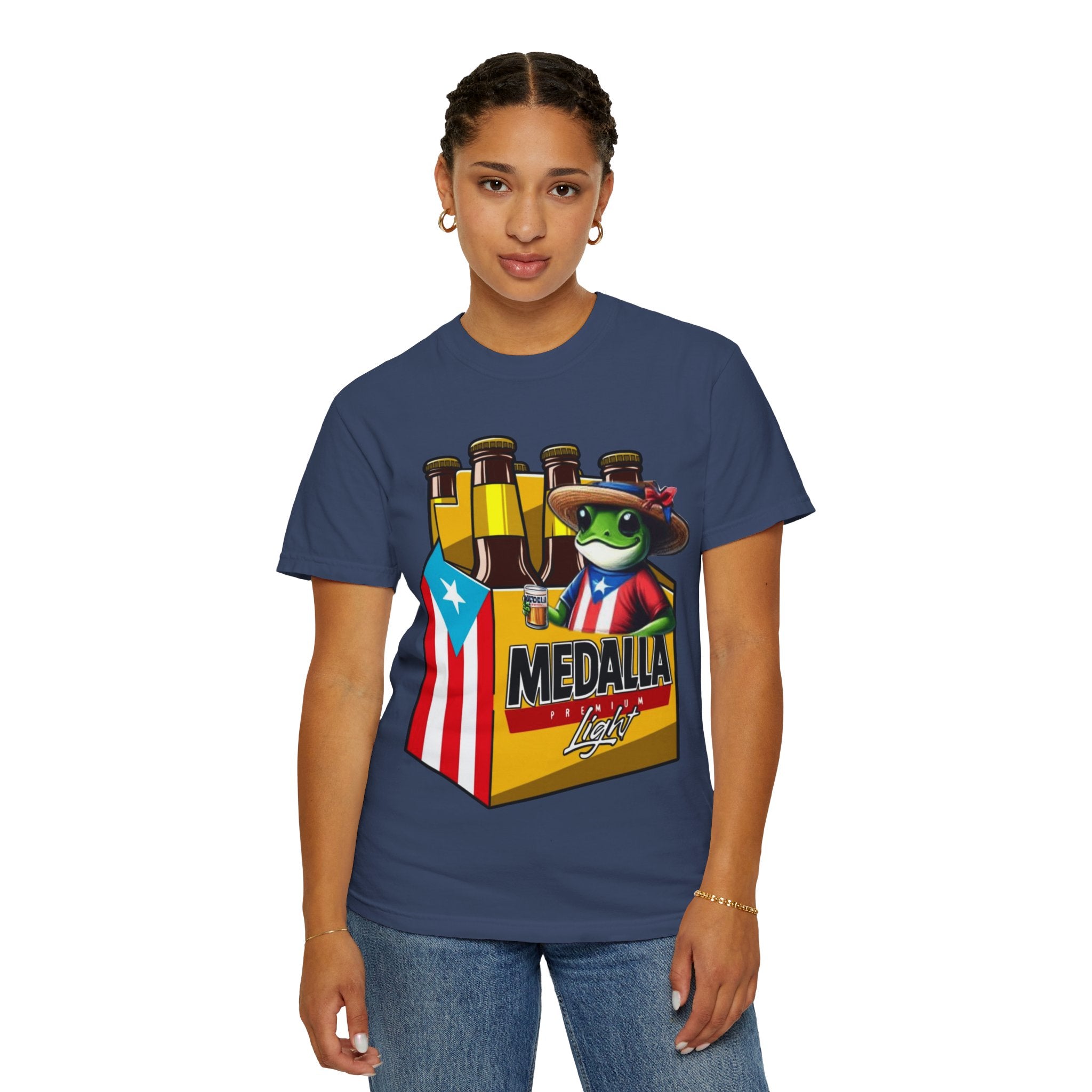 Medalla Light Puerto Rican Beer T-Shirt Coqui Frog Mascot Six-Pack Graphic Tee Puerto Rico’s Navidades