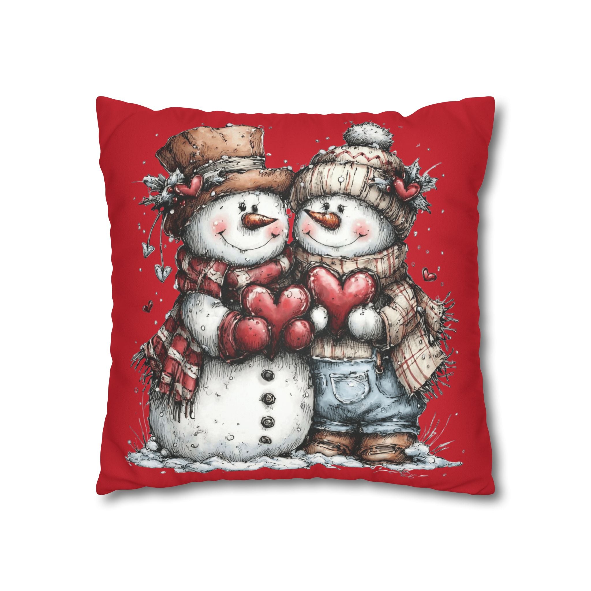 Christmas Snowman Couple Faux Suede Pillowcase CHRISTMAS PILLOW DÉCOR