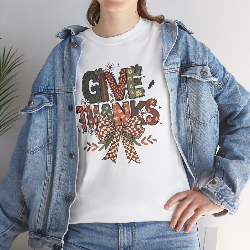 Give Thanks Tee Thanksgiving Graphic T-Shirt with Rustic Bow Design