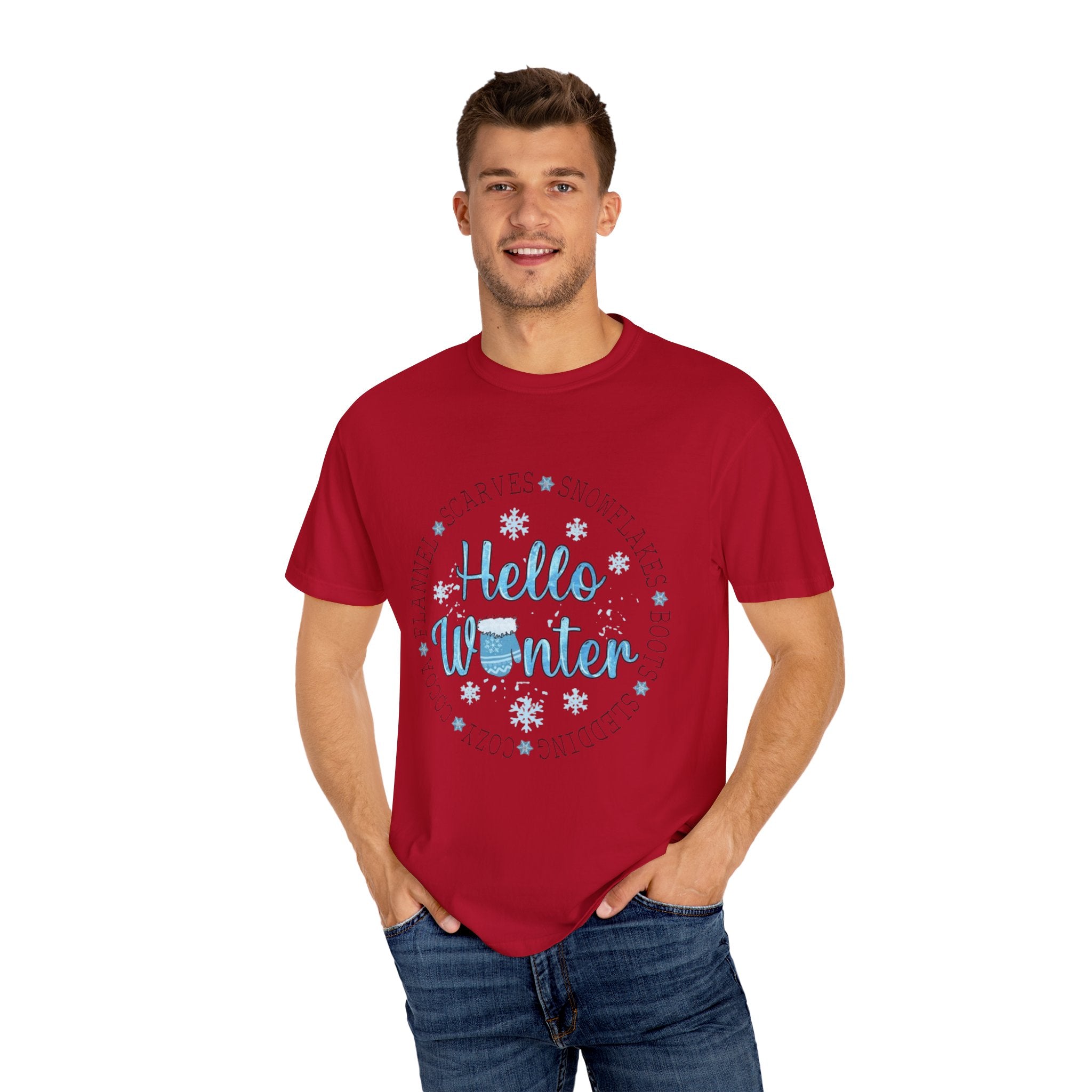 Hello Winter T‑Shirt  Cozy Snowflake Holiday Tee Christmas T-Shirts and Sweatshirts Collection