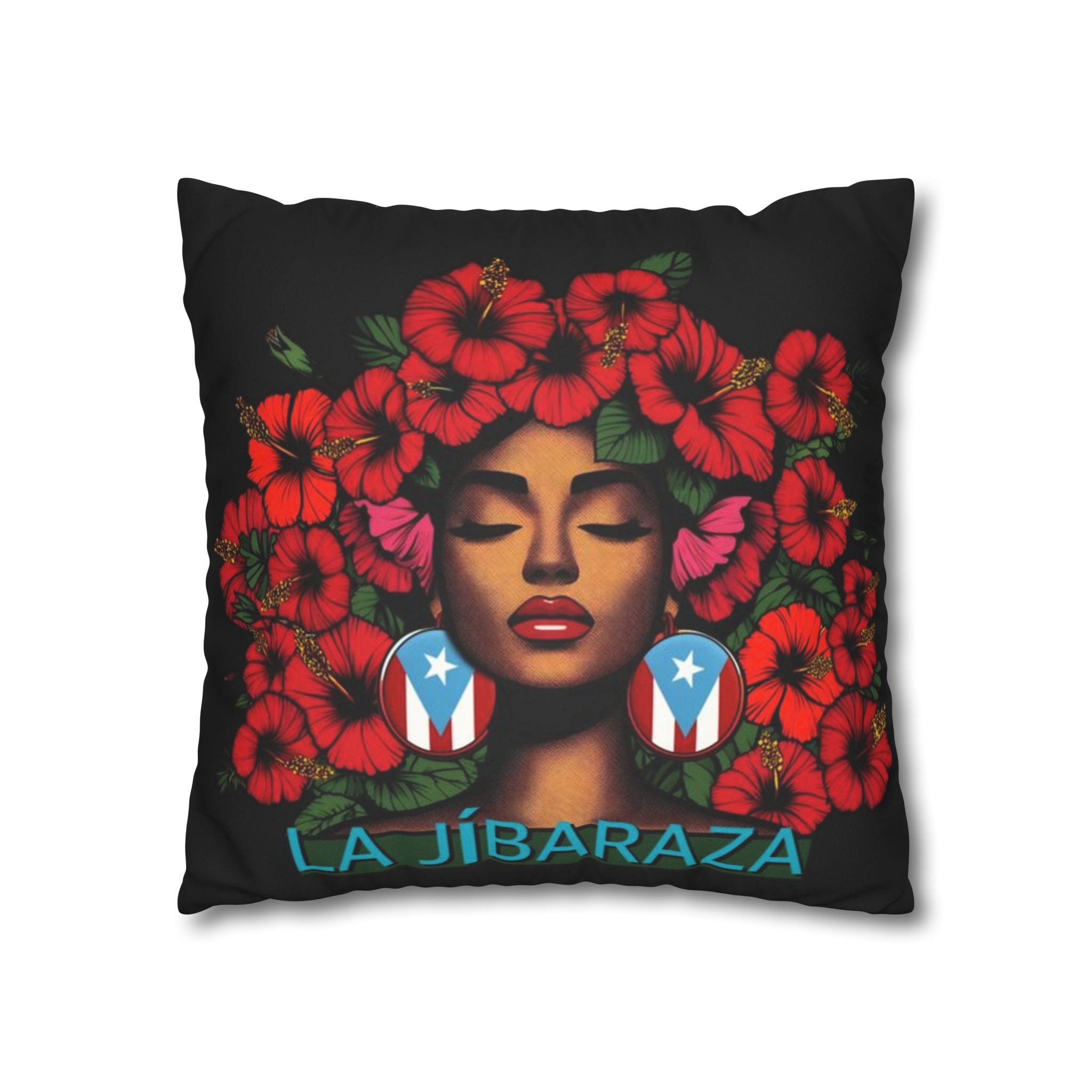 La Jíbara Pillowcase – Puerto Rican Floral Hair Art Square Pillow  Puerto Rico Culture Pillow