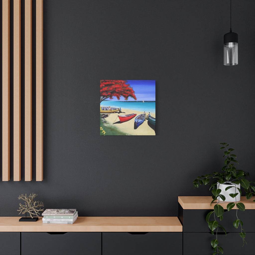 Beach Canoes Canvas Wall Art Tropical Seaside Landscape Matte Stretched Canvas