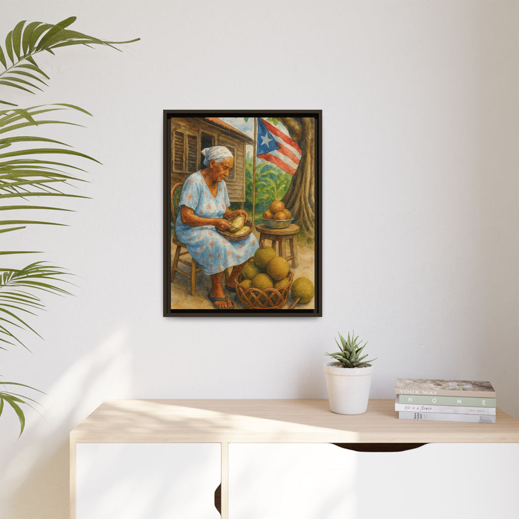 Cultural & Story-Driven These Puerto Rico inspired  Framed Matte Canvas Print  Woman Shelling Fruit Vintage Tropical Painting