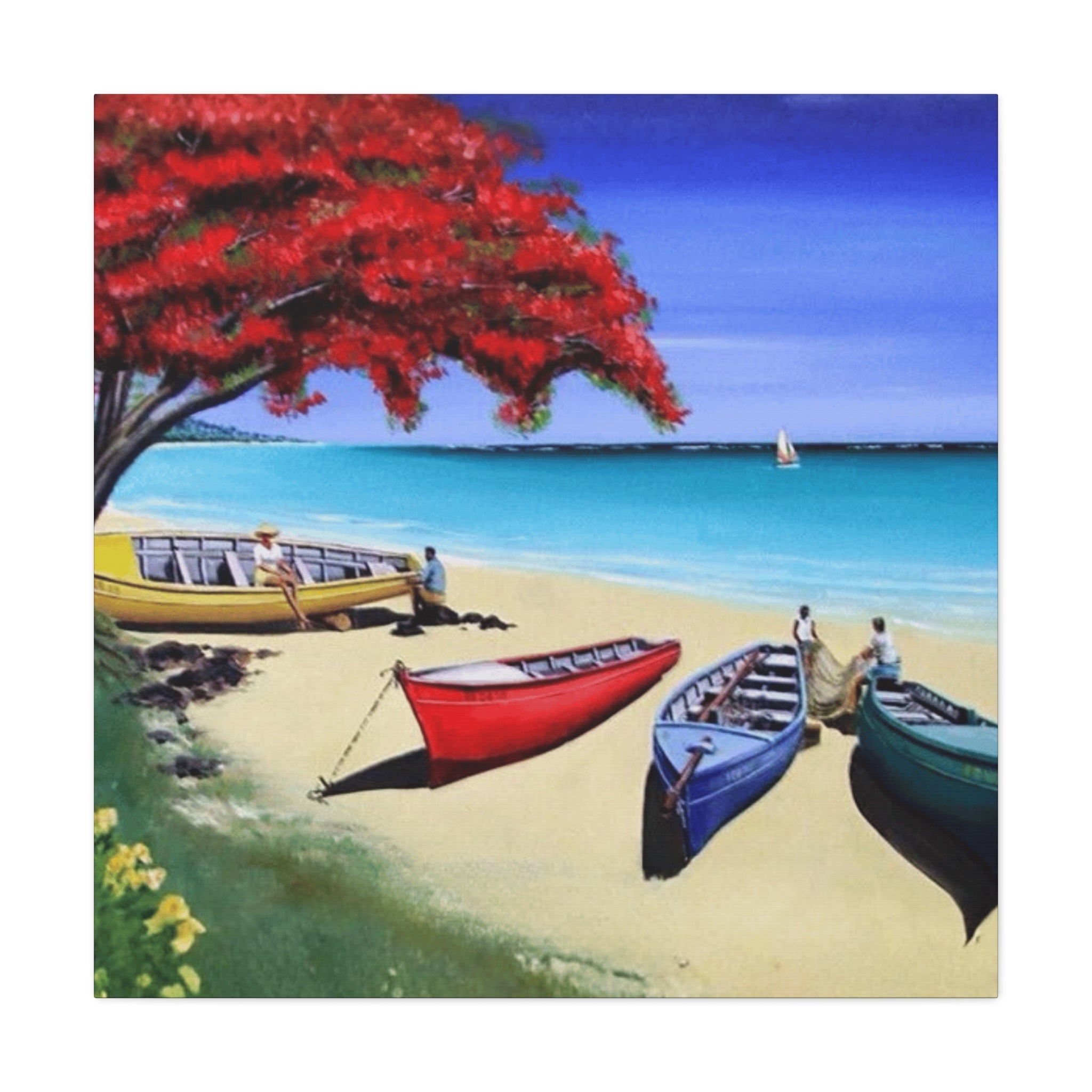 Beach Canoes Canvas Wall Art Tropical Seaside Landscape Matte Stretched Canvas