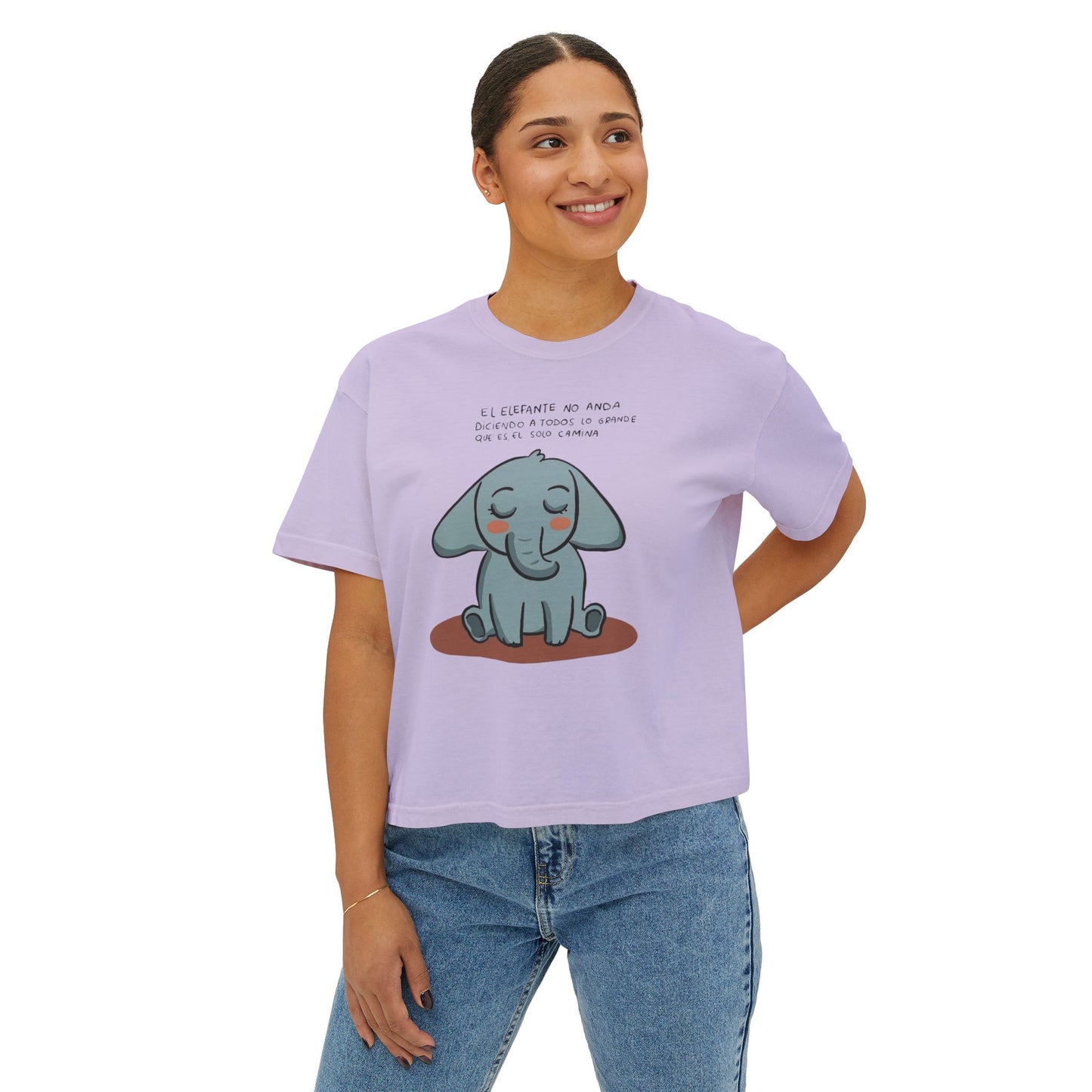 🌸 🧘‍♀️ Viste tu paz – Que tu energía hable primero Cute Elephant Women's Boxy Tee, Relaxed Fit Shirt, Gift for Animal Lovers, Casual Wear,