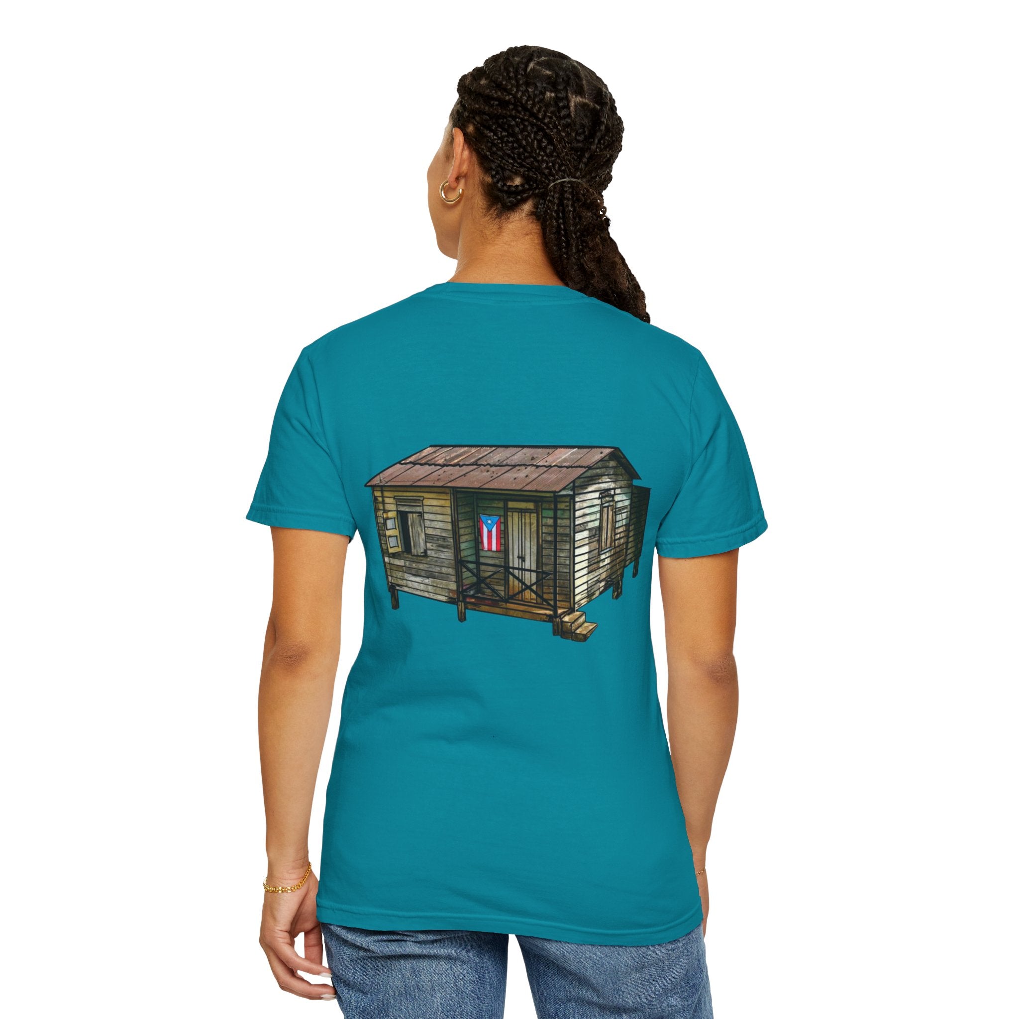 Puerto Rican Batey Cabin T-Shirt  Three Masks & Rustic House Graphic Tee Puerto Rico Navidades