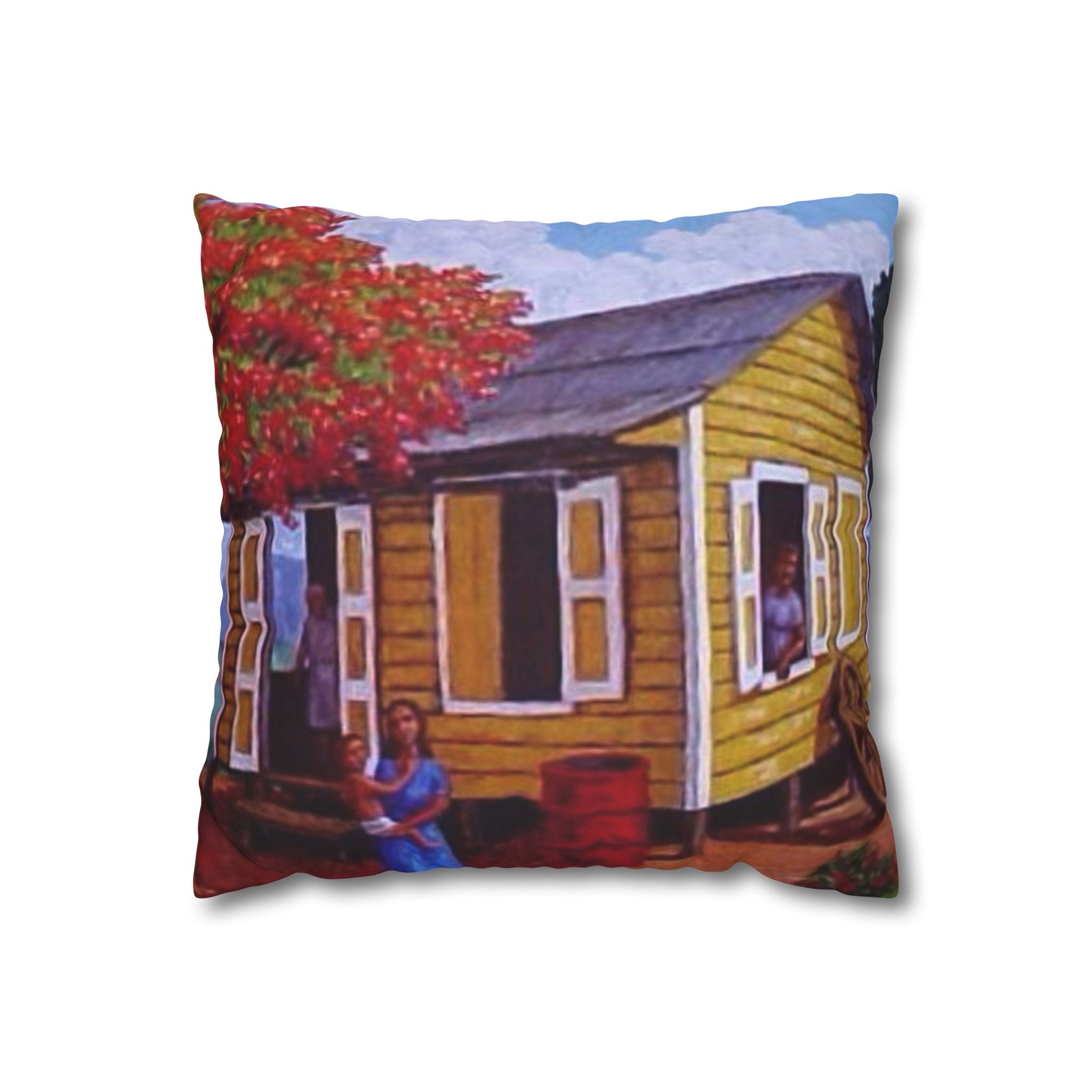 Puerto Rico Culture Pillow Cozy Cottage Canvas Pillow  Yellow House Decorative Throw Pillowcase