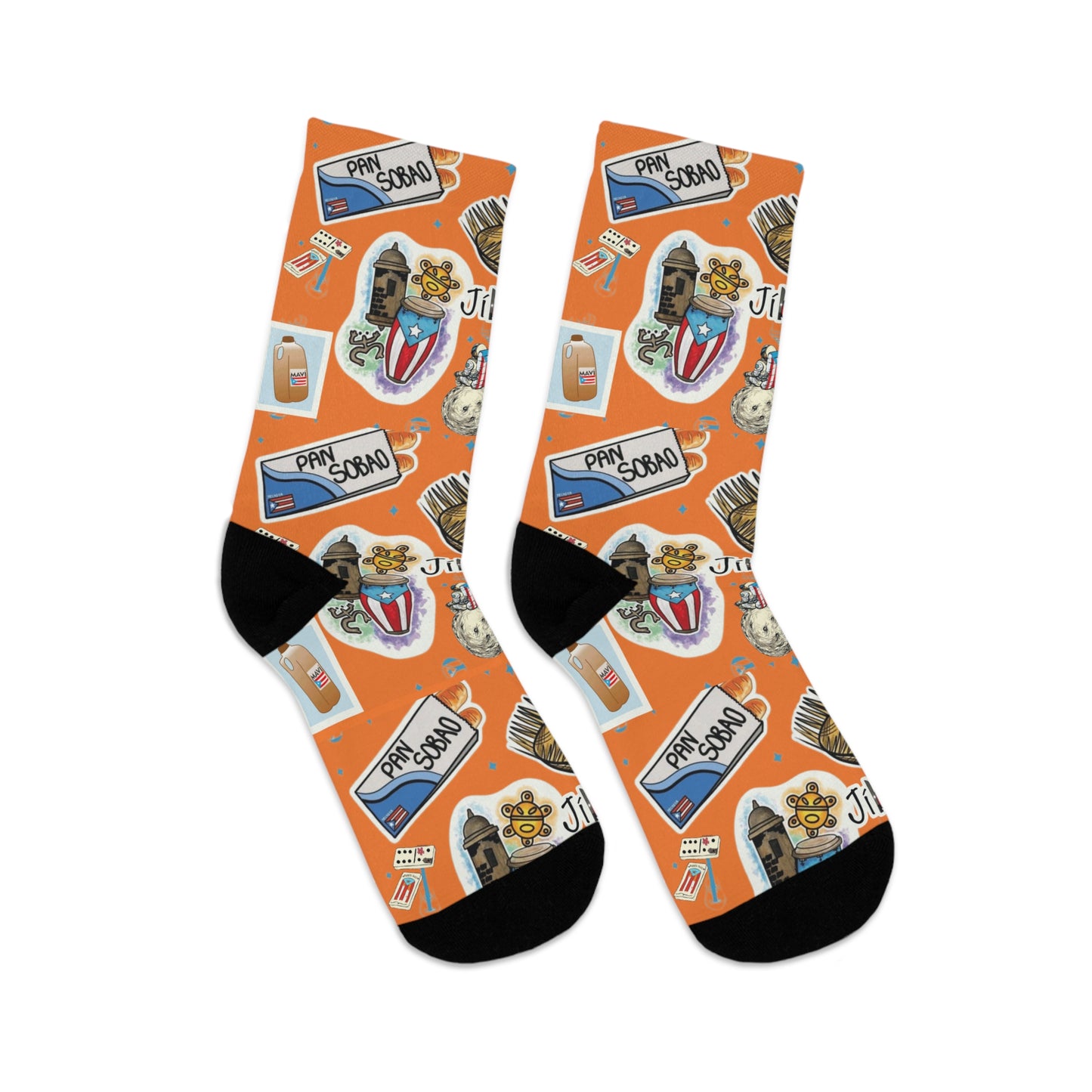 Navidad en Puerto Rico Travel Sticker Crew Socks — Bright Orange Vintage Passport & Hibiscus Pattern