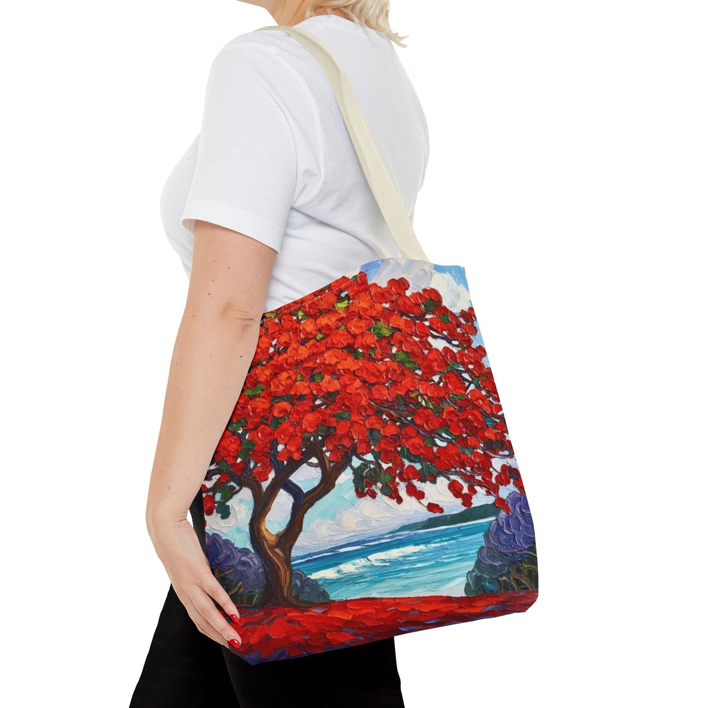Red Blossom Beach Tote - Tropical Tree Art All-Over Print Tote Bag Crochet-Decorated Tote Bags