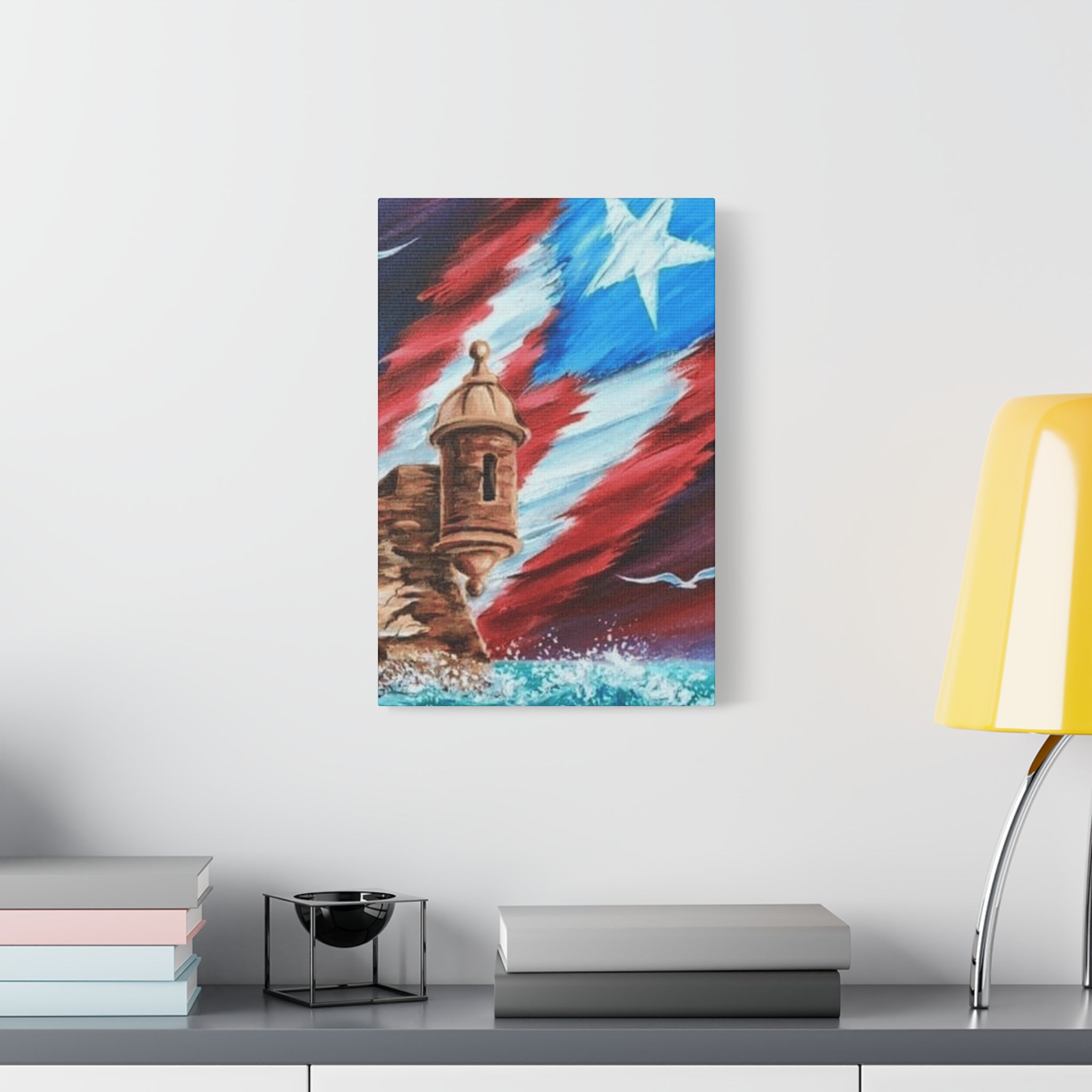 Patriotic Castillo Canvas Wall Art – Puerto Rico Flag Coastal Fortress Print