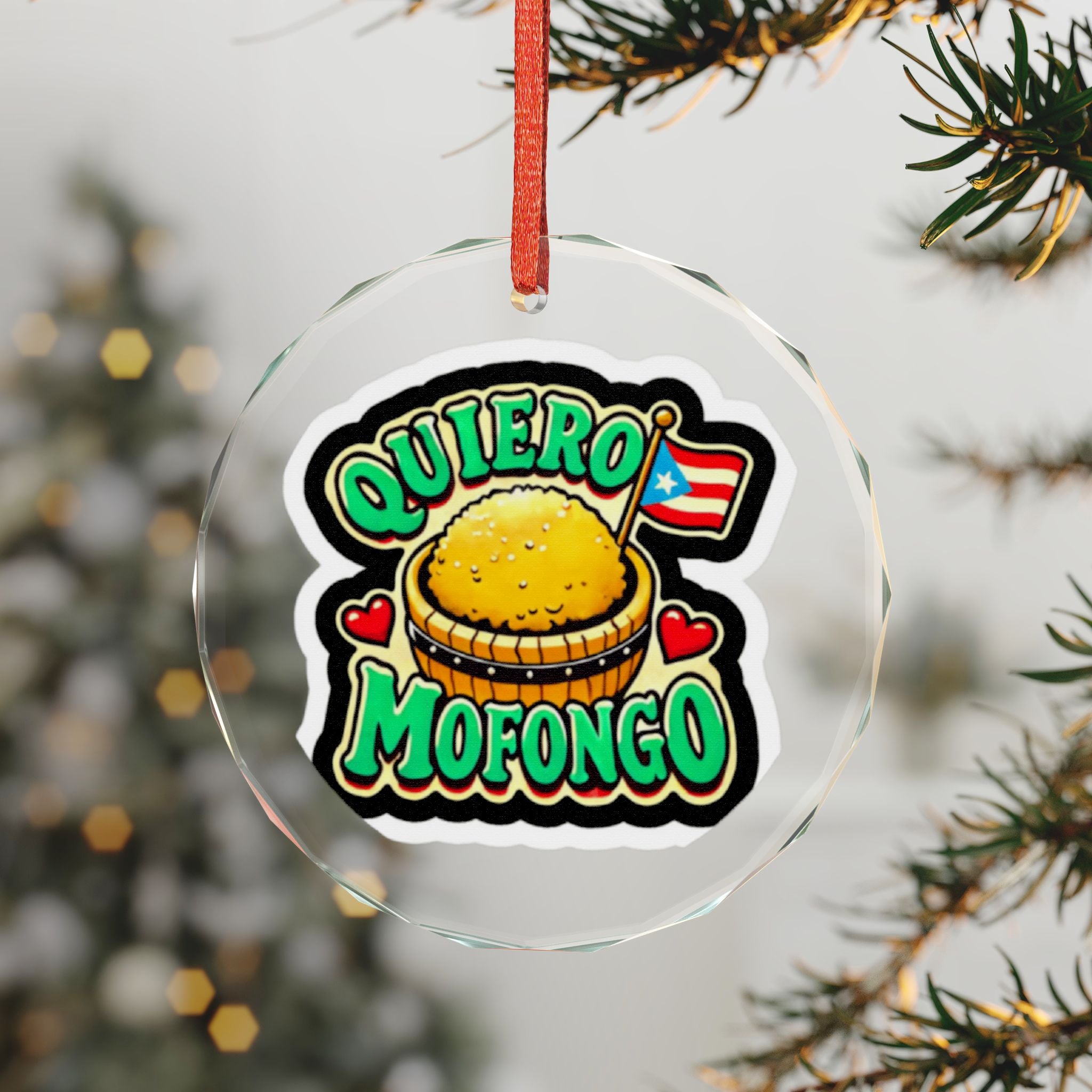 Crystal Heart Ornament — “Quiero Mofongo” Puerto Rican Food Holiday Decor