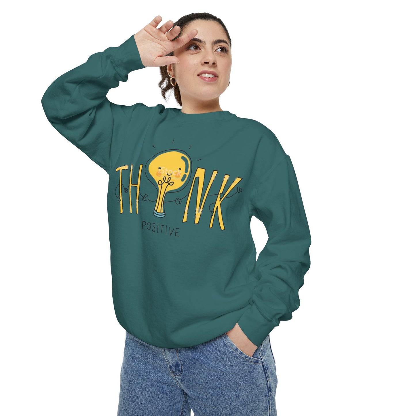 Think Positive Sweatshirt  Cute Lightbulb Graphic Positive Vibes Crewneck