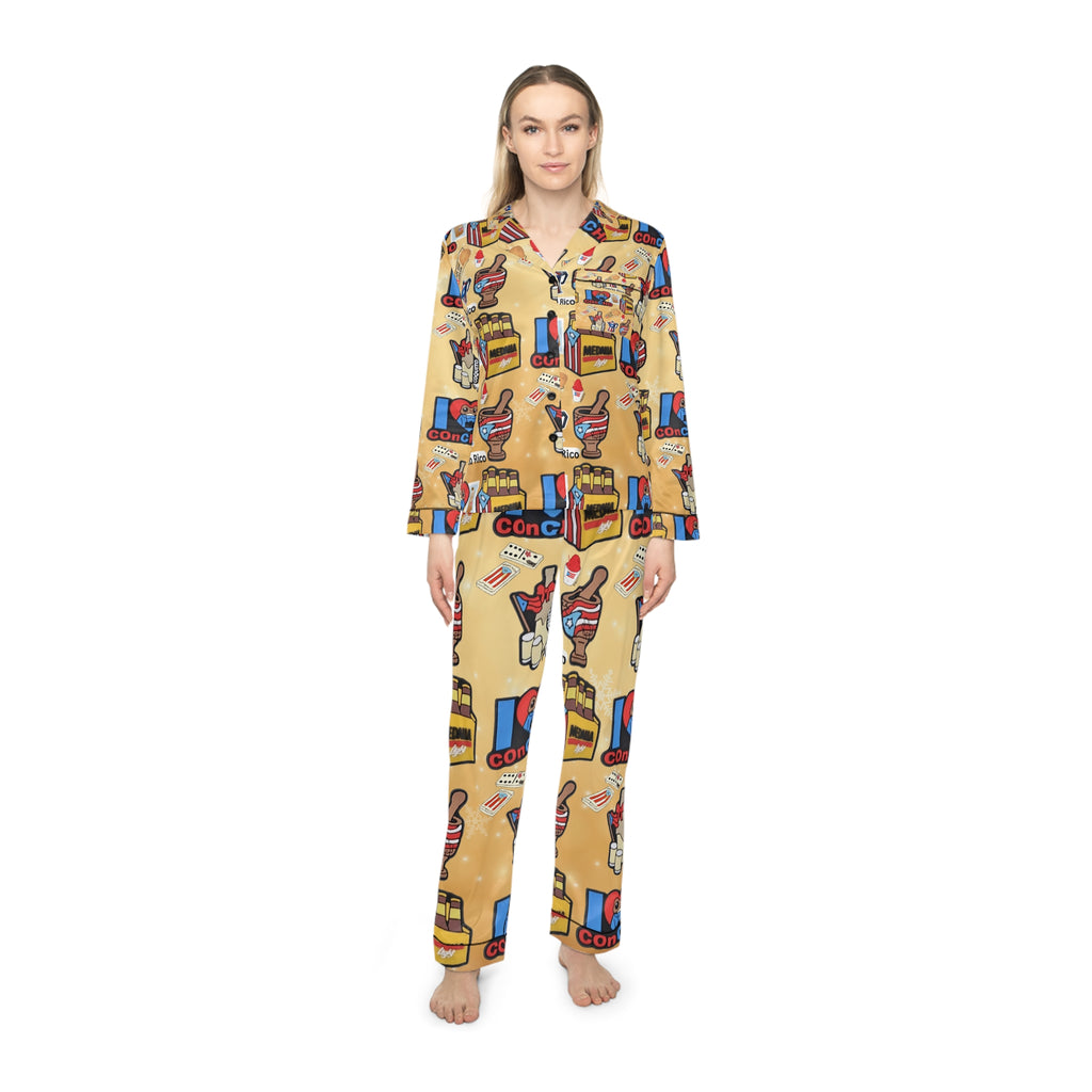 Puerto Rico Christmas Pajamas | Boricua Holiday Sleepwear | Matching Family PJs Colorful Women's Satin Pajamas - Fun Puerto Rico Party Design