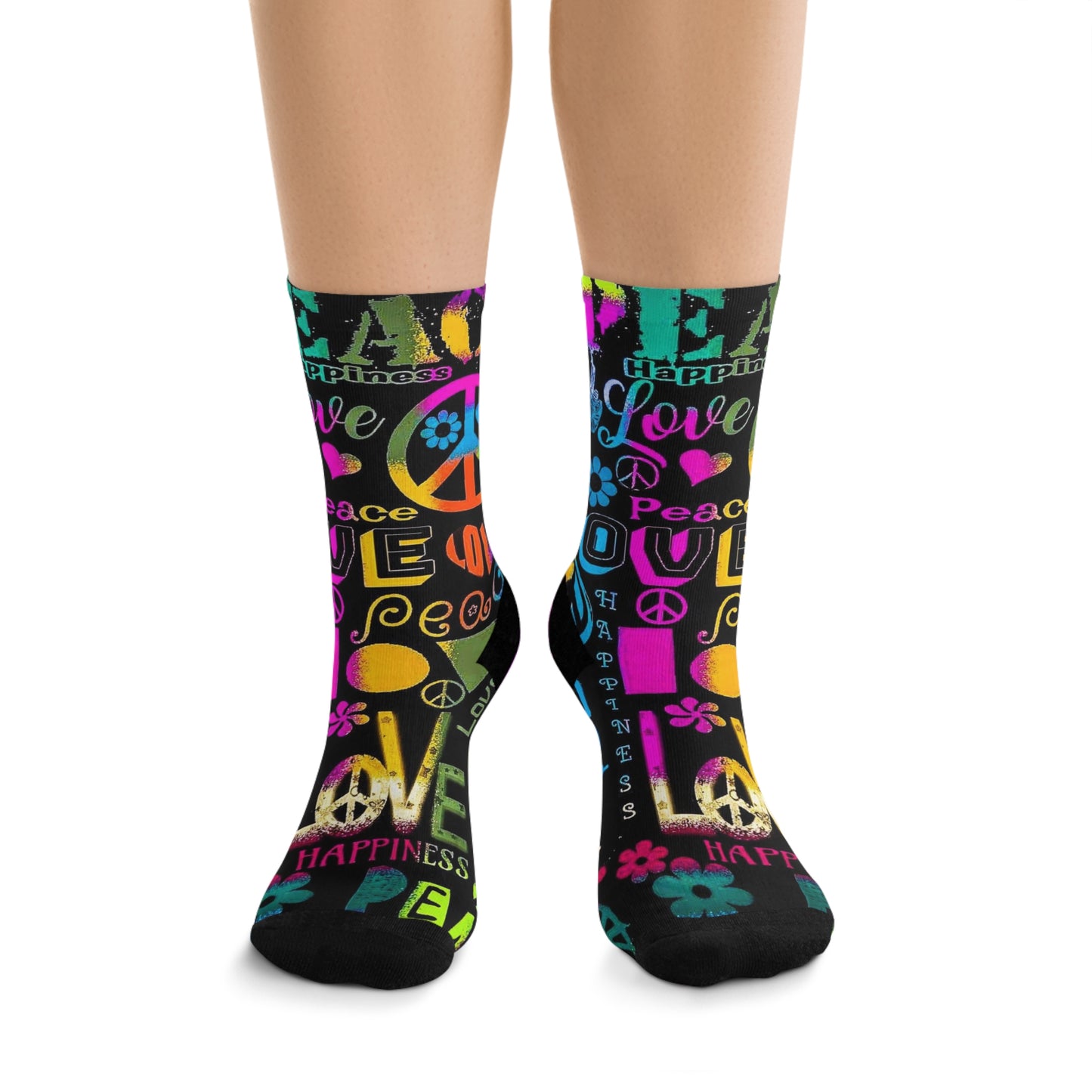 Retro Peace & Love Crew Socks – Colorful Hippie Symbols