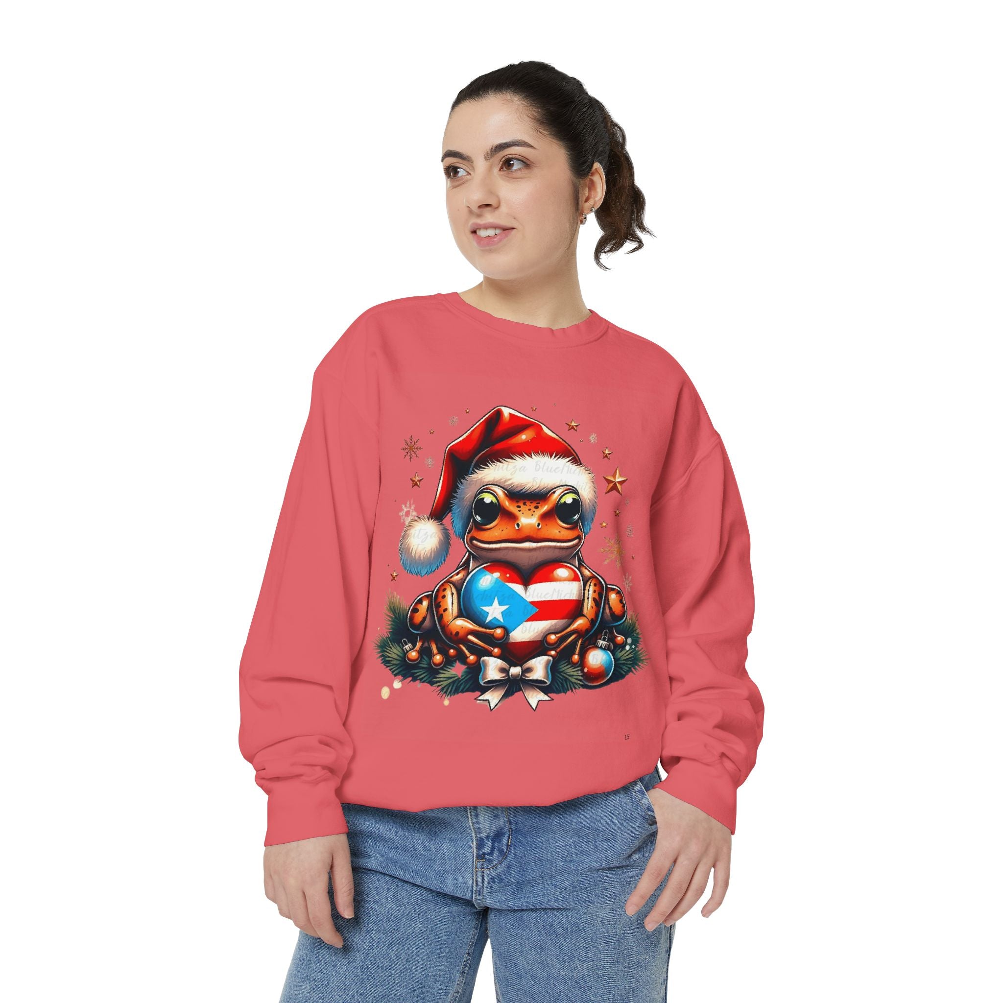 Christmas Coqui Sweatshirt — Cute Santa Frog Holding Ornament Holiday Sweater