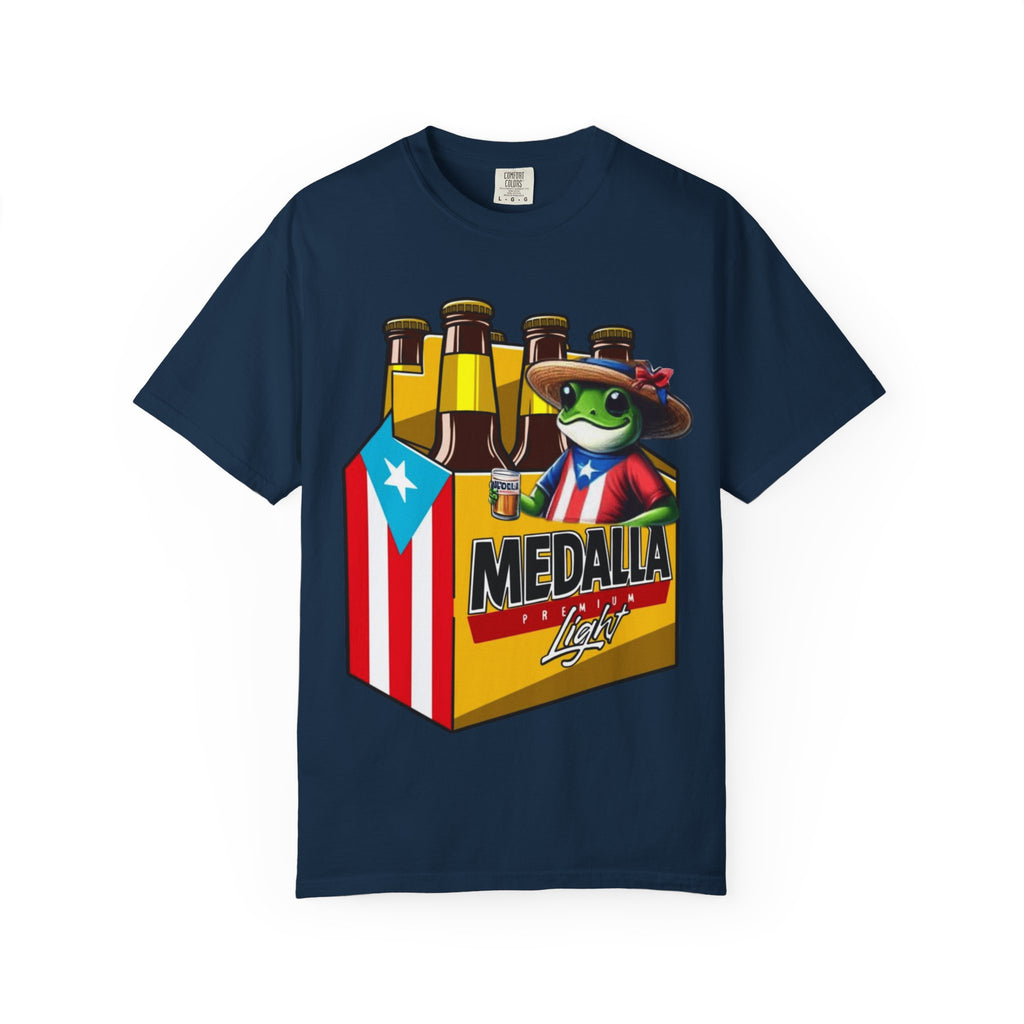 Medalla Light Puerto Rican Beer T-Shirt Coqui Frog Mascot Six-Pack Graphic Tee Puerto Rico’s Navidades