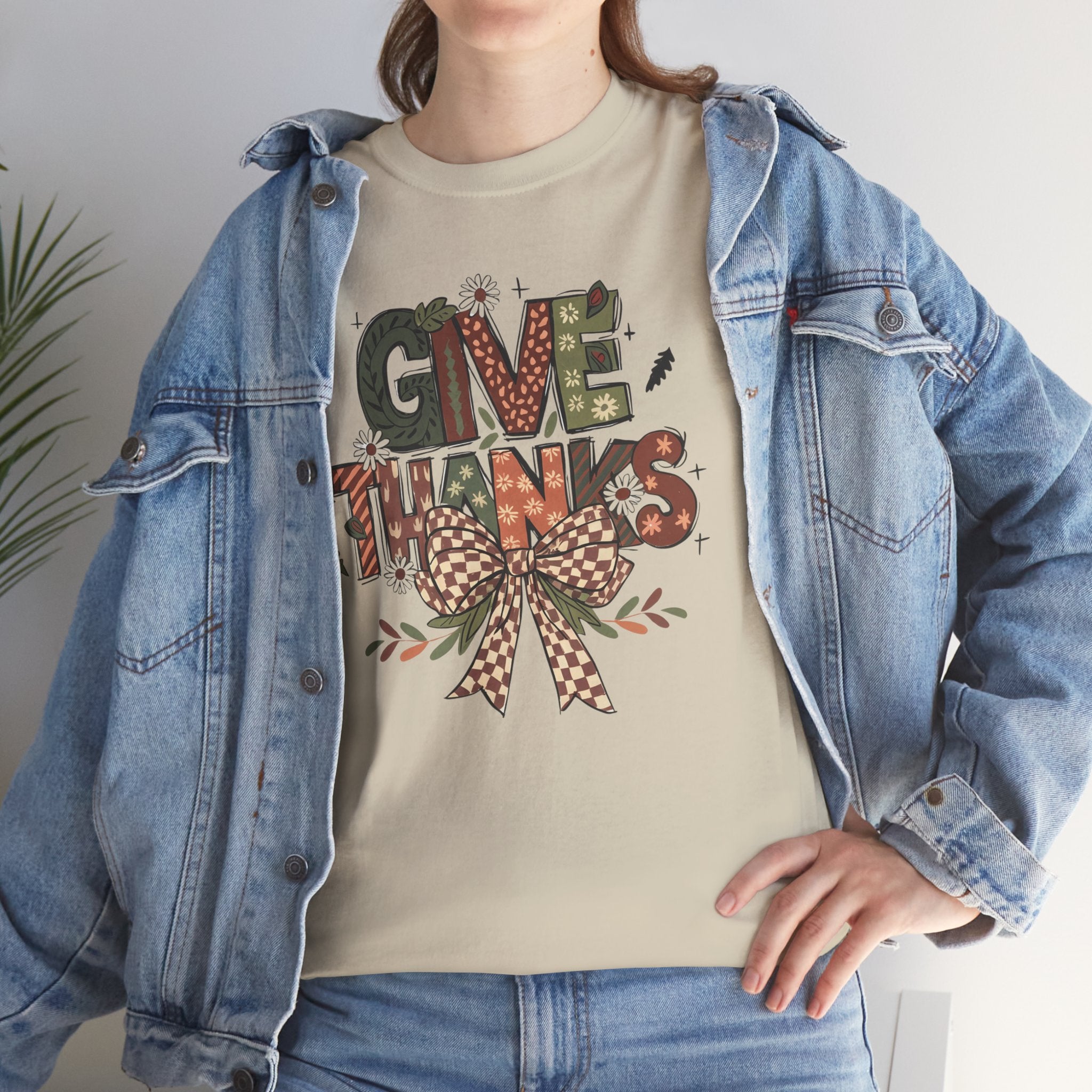 Give Thanks Tee Thanksgiving Graphic T-Shirt with Rustic Bow Design