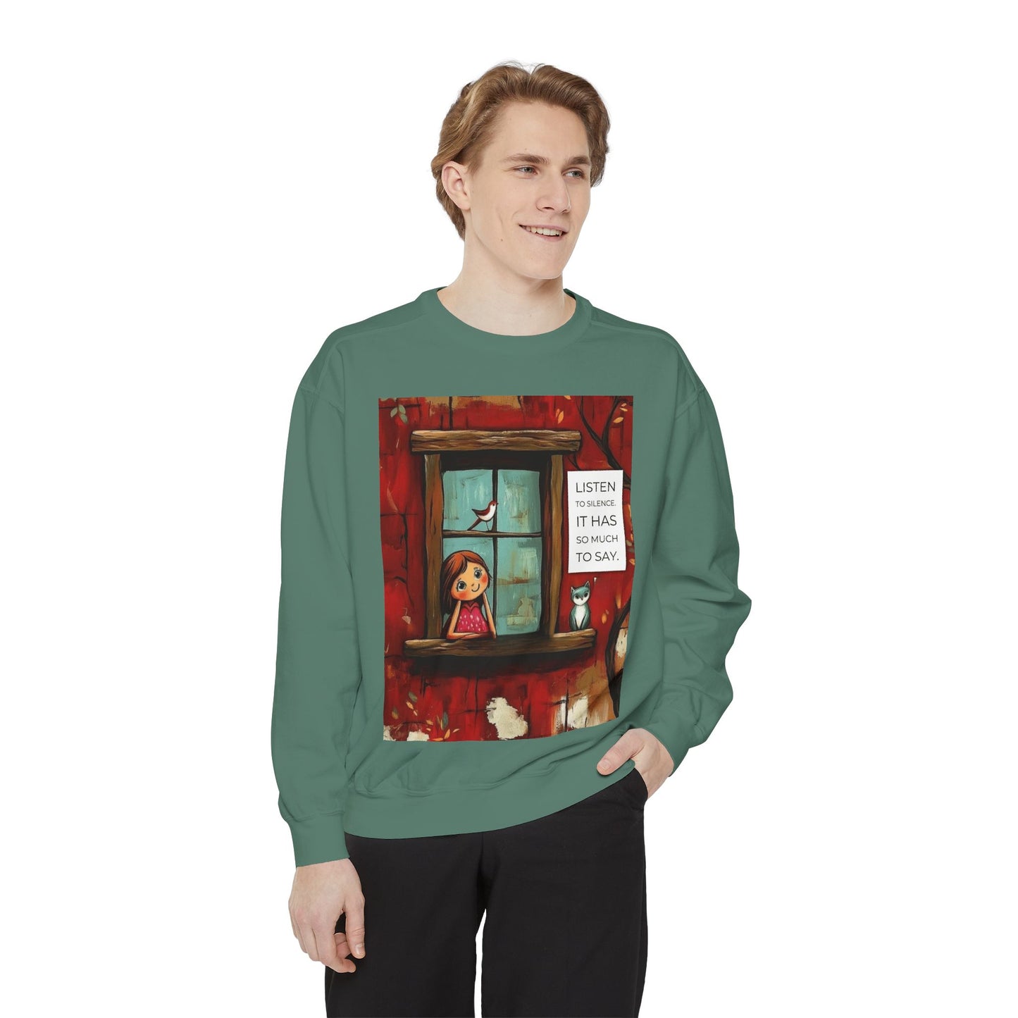 Cozy Window Scene Sweatshirt  "Listen, It Has So Much to Say" Graphic