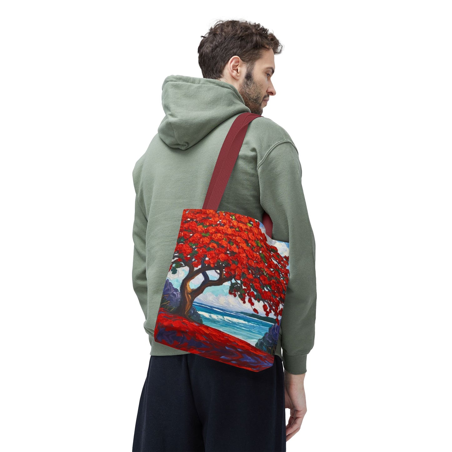 Red Blossom Beach Tote - Tropical Tree Art All-Over Print Tote Bag Crochet-Decorated Tote Bags